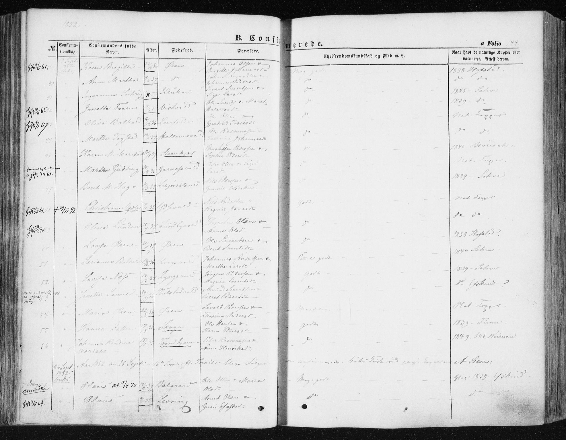 Ministerialprotokoller, klokkerbøker og fødselsregistre - Nord-Trøndelag, AV/SAT-A-1458/723/L0240: Parish register (official) no. 723A09, 1852-1860, p. 144