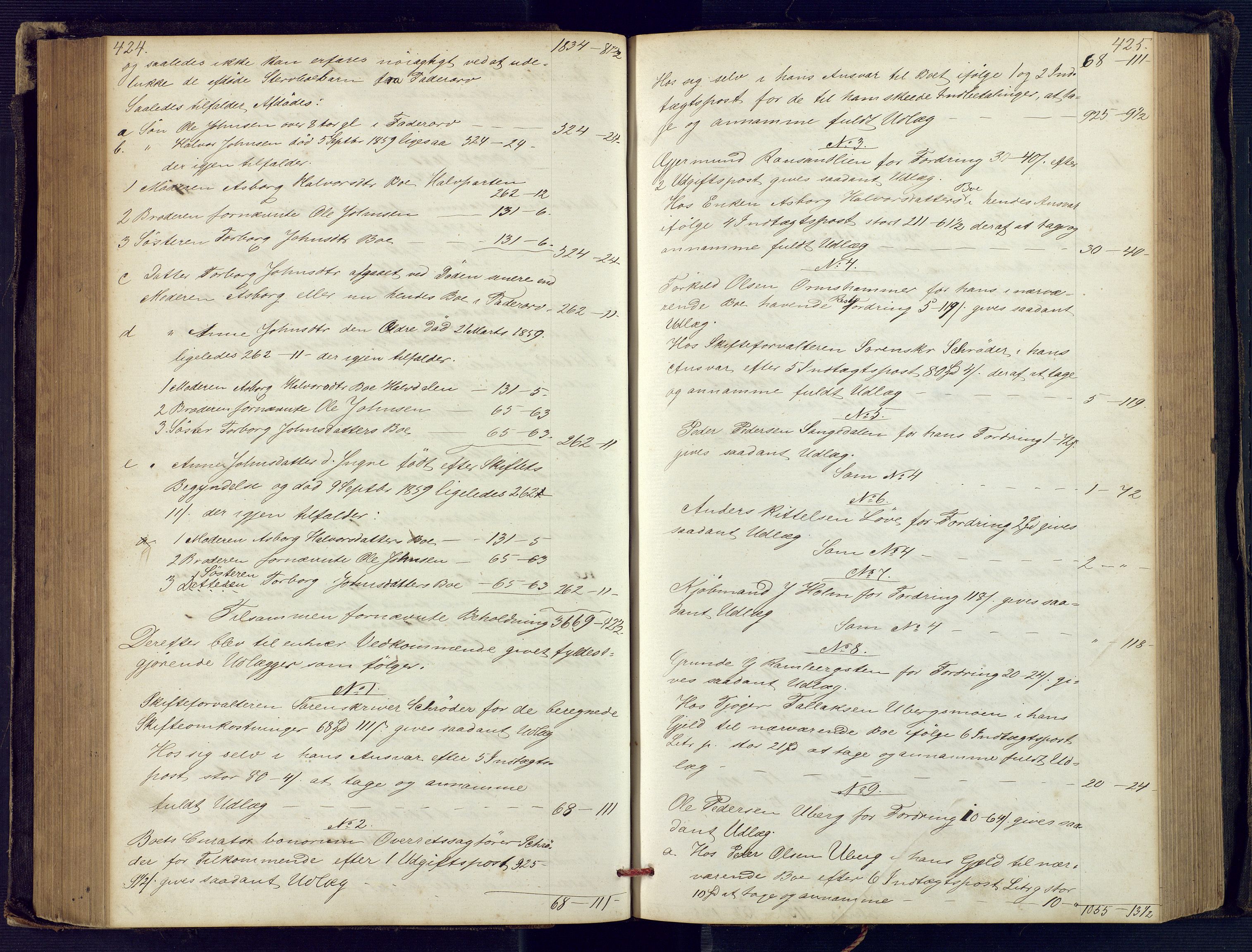 Holt sorenskriveri, SAK/1221-0002/H/Hc/L0029: Skifteutlodningsprotokoll nr. 4 med løst register, 1857-1862, p. 424-425