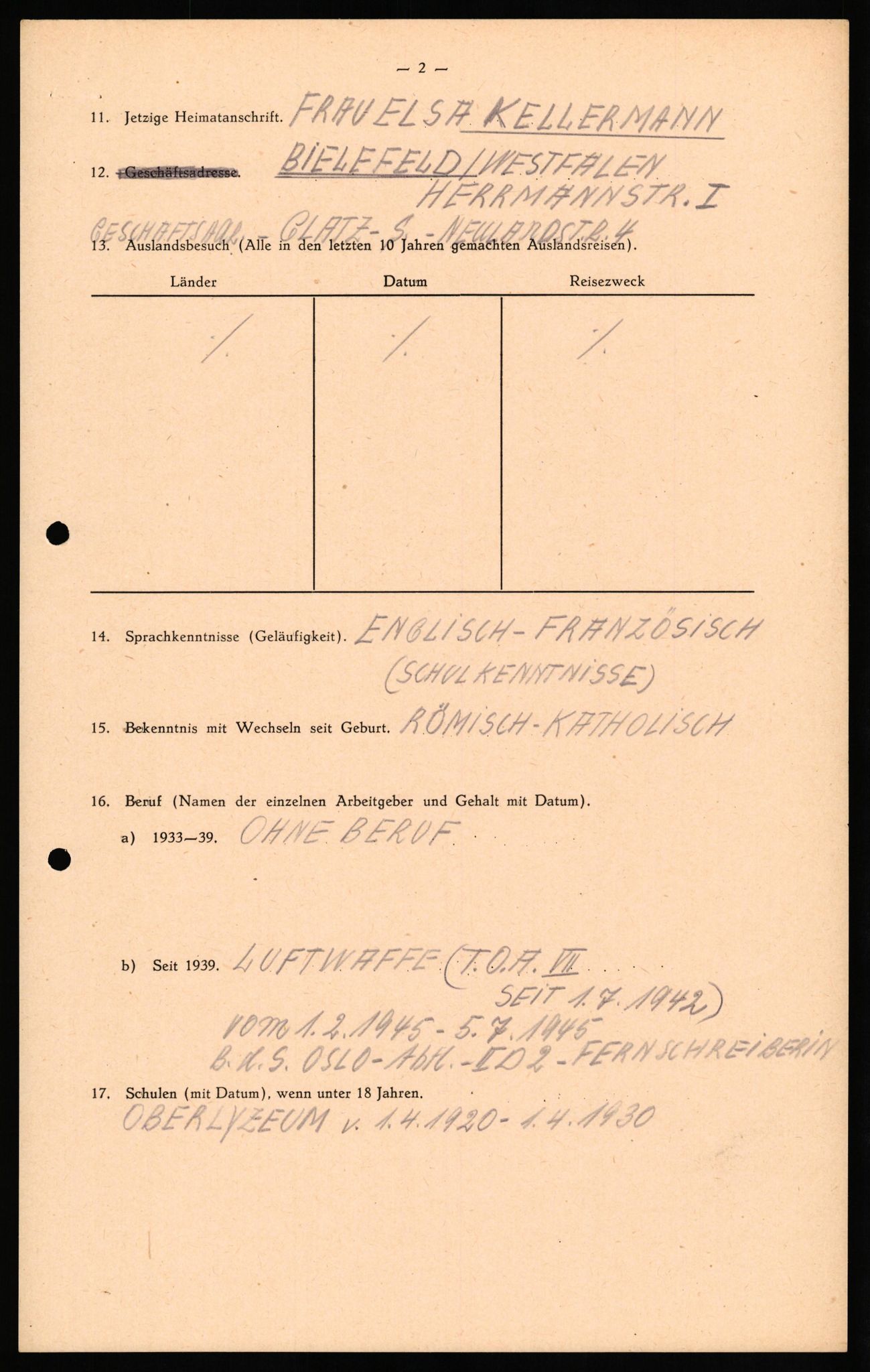 Forsvaret, Forsvarets overkommando II, AV/RA-RAFA-3915/D/Db/L0025: CI Questionaires. Tyske okkupasjonsstyrker i Norge. Tyskere., 1945-1946, p. 19