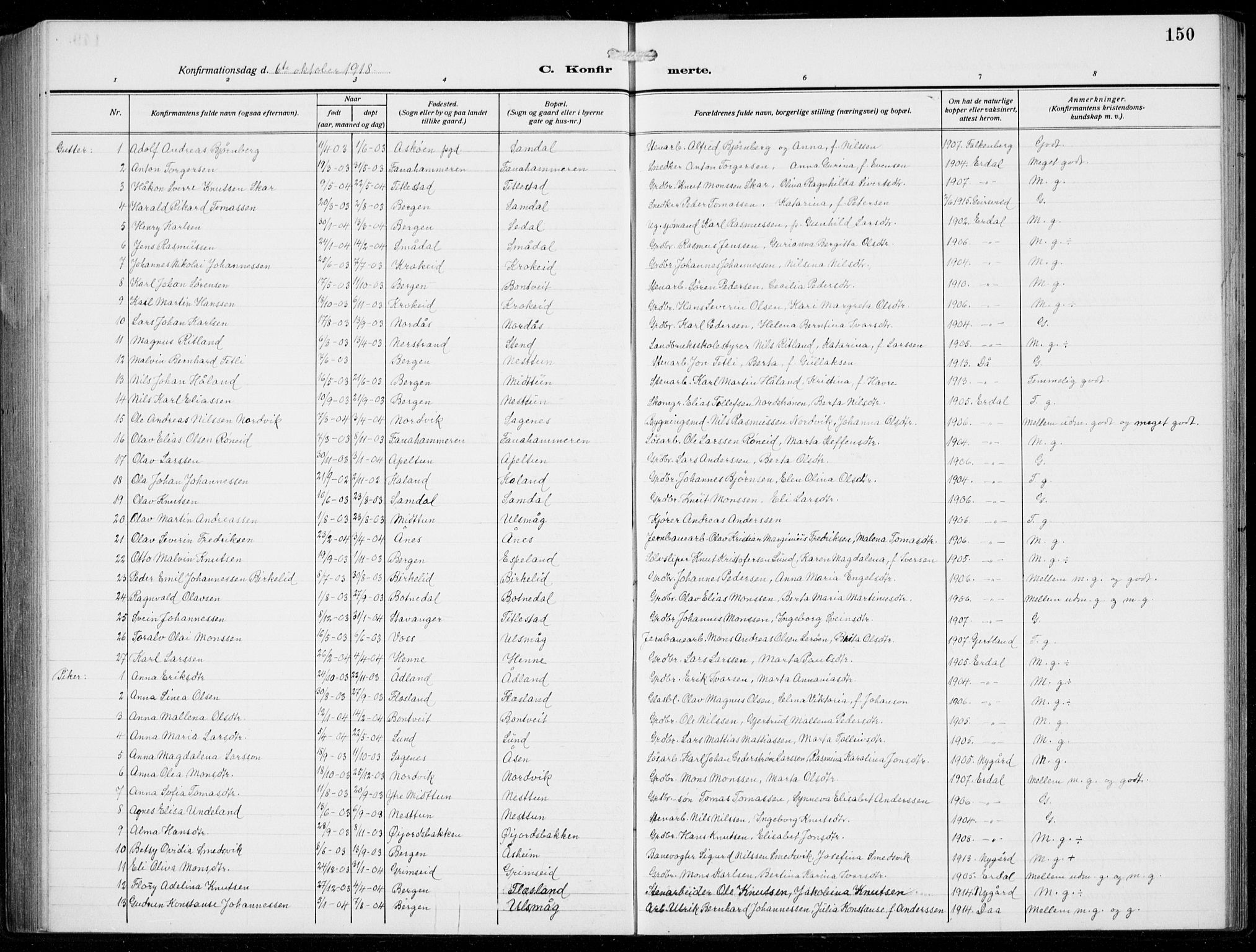 Fana Sokneprestembete, AV/SAB-A-75101/H/Hab/Haba/L0005: Parish register (copy) no. A 5, 1911-1932, p. 150