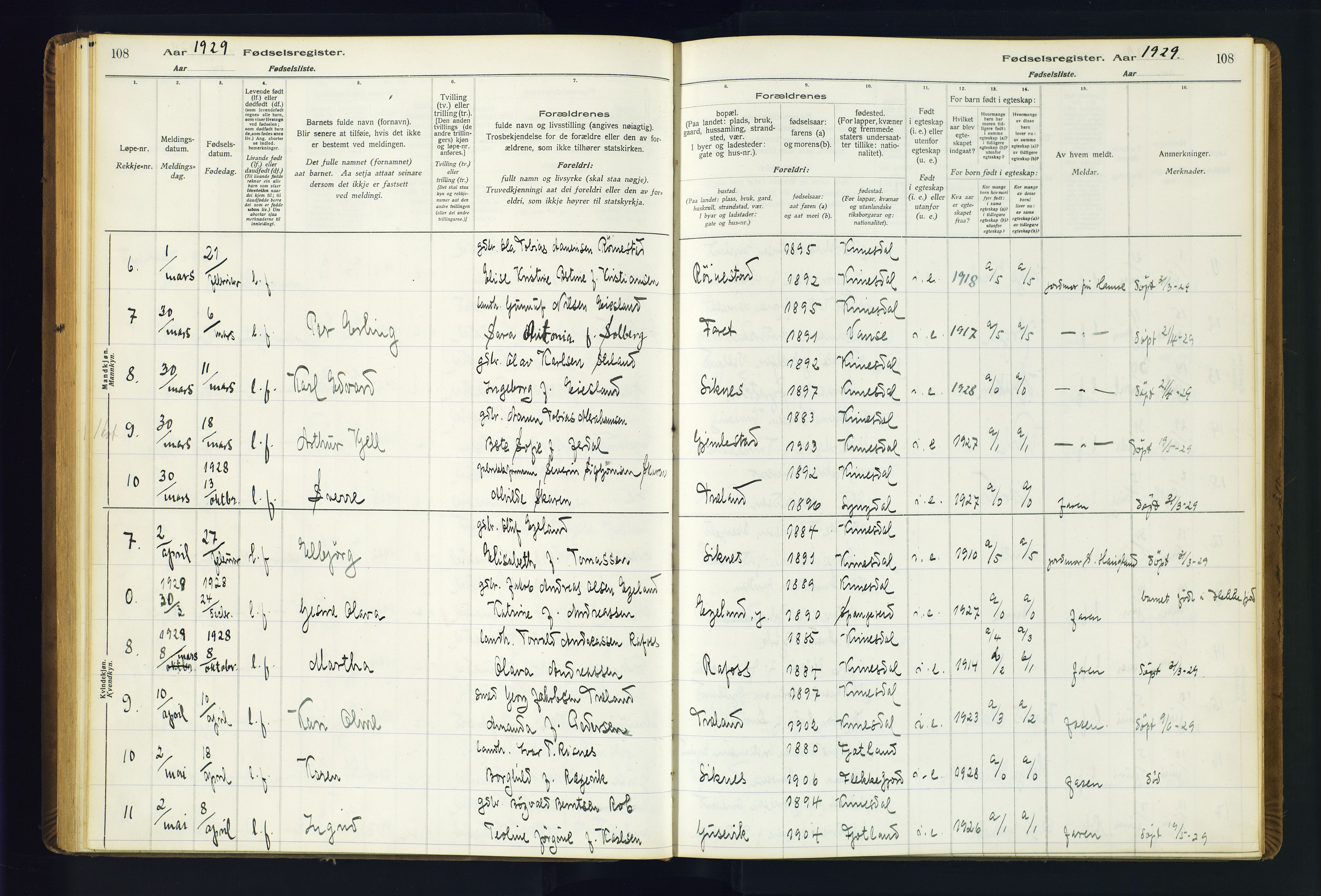 Kvinesdal sokneprestkontor, AV/SAK-1111-0026/J/Ja/L0001: Birth register no. 1, 1916-1941, p. 108