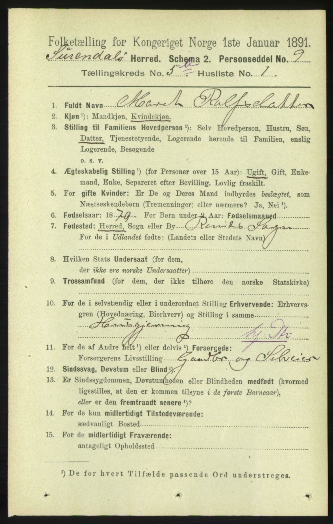 RA, 1891 census for 1566 Surnadal, 1891, p. 1494