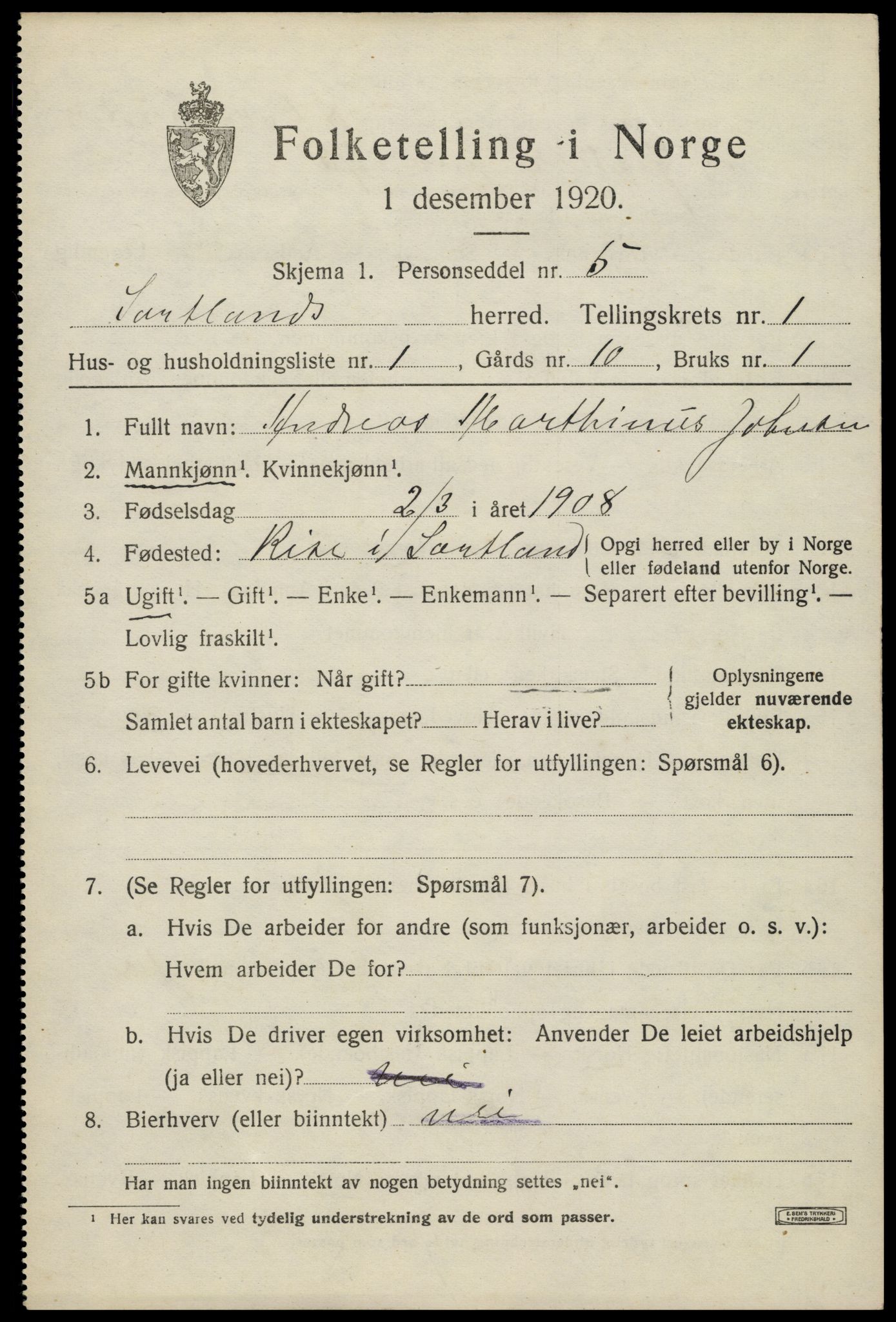 SAT, 1920 census for Sortland, 1920, p. 1564