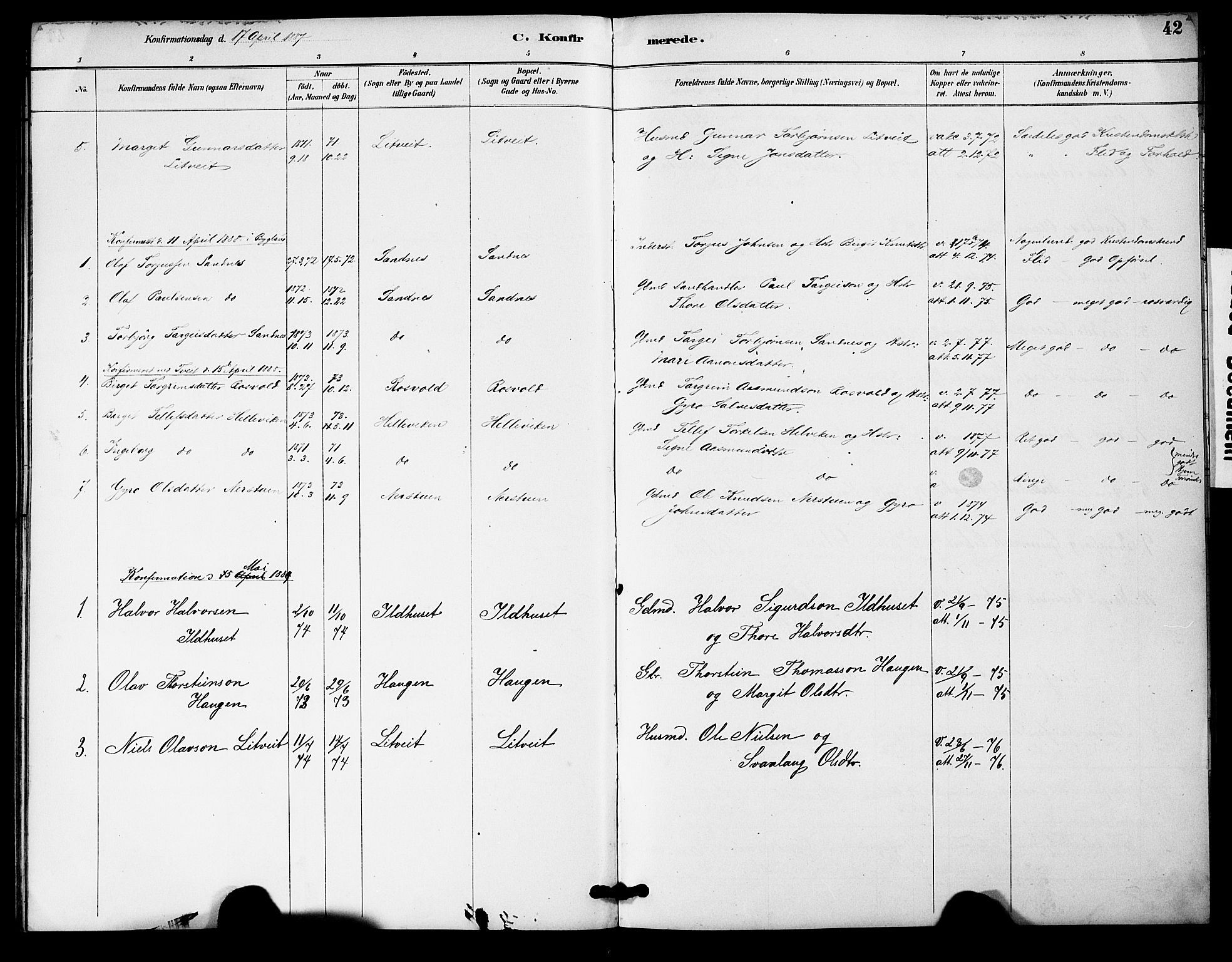 Bygland sokneprestkontor, AV/SAK-1111-0006/F/Fa/Fac/L0001: Parish register (official) no. A 1, 1885-1909, p. 42