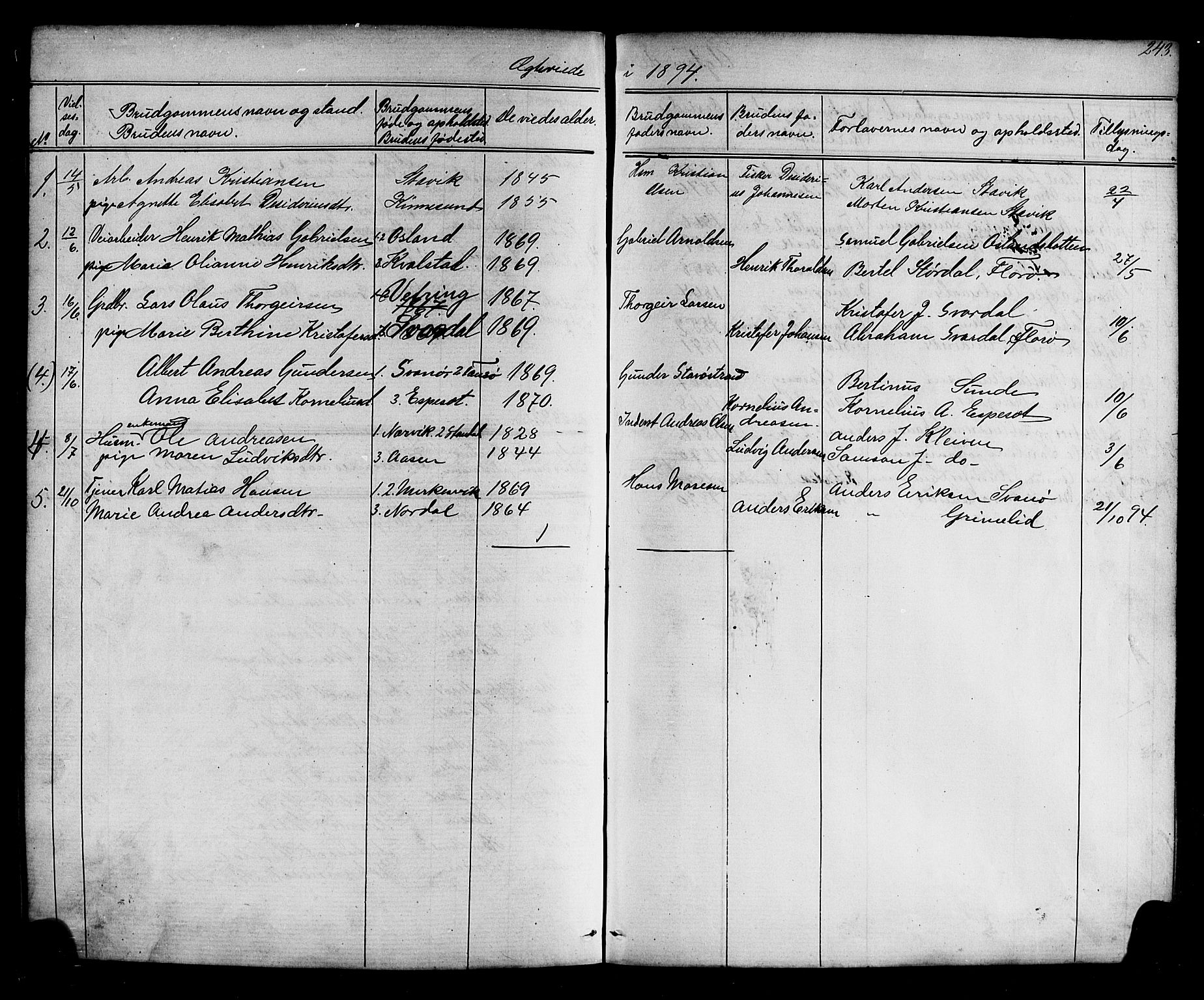 Kinn sokneprestembete, AV/SAB-A-80801/H/Hab/Habc/L0002: Parish register (copy) no. C 2, 1869-1918, p. 243