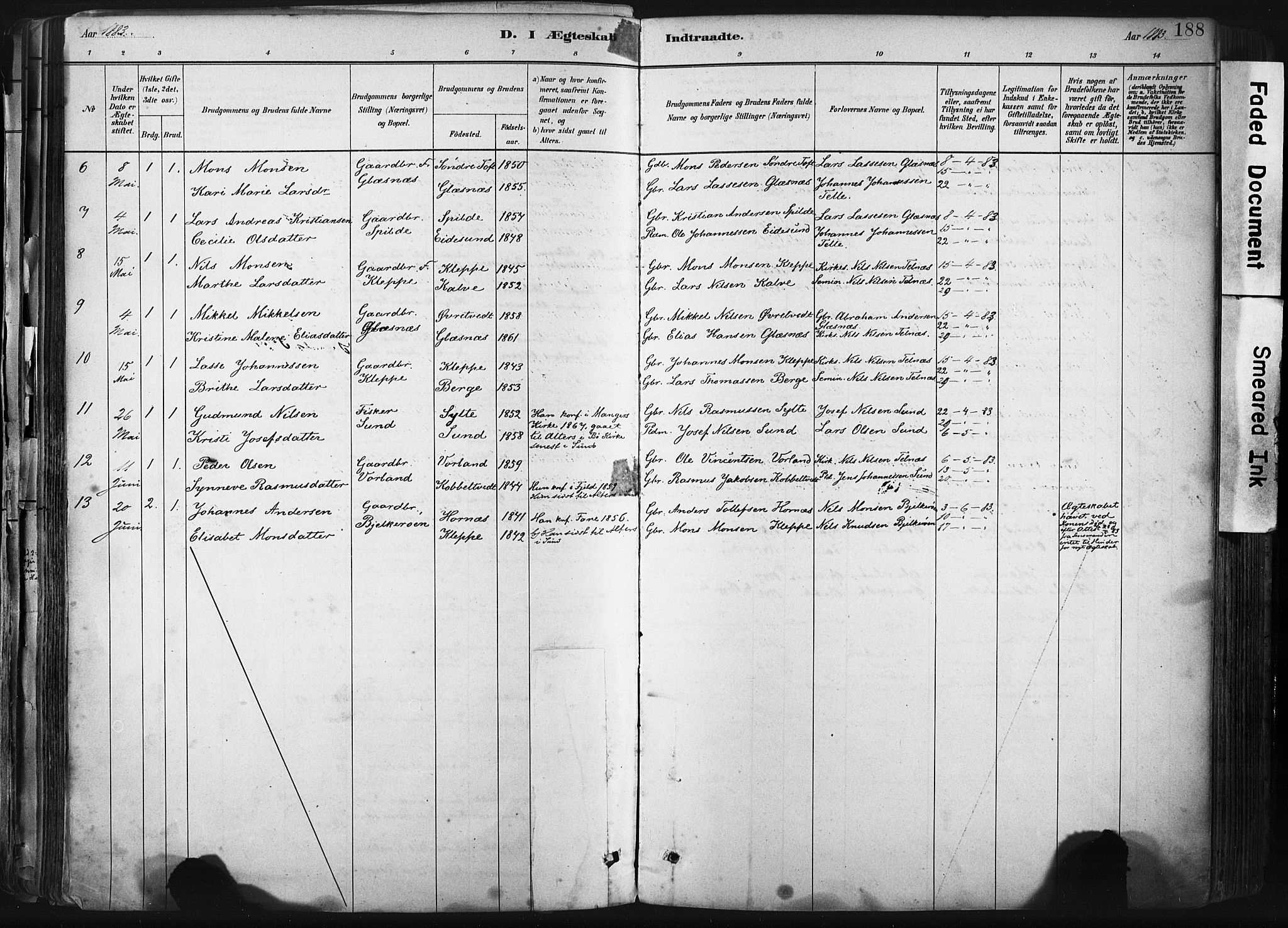 Sund sokneprestembete, SAB/A-99930: Parish register (official) no. B 1, 1882-1907, p. 188