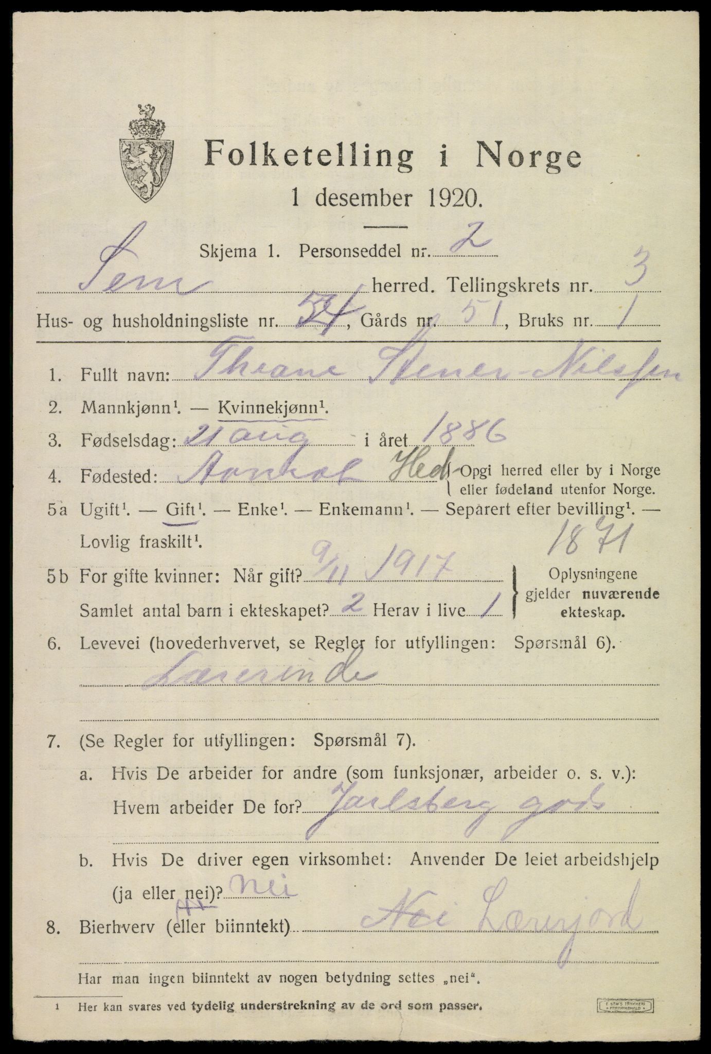 SAKO, 1920 census for Sem, 1920, p. 7065