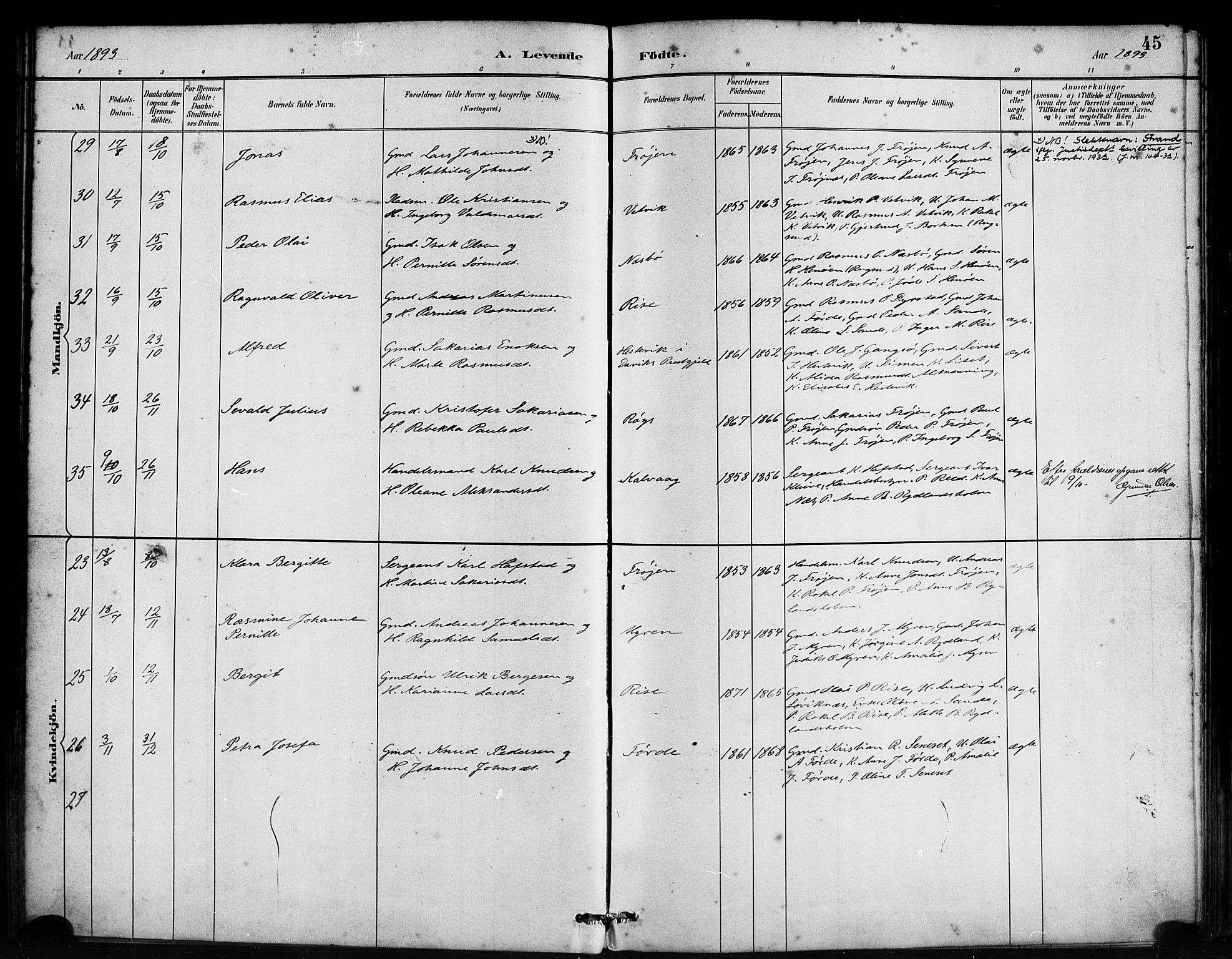 Bremanger sokneprestembete, AV/SAB-A-82201/H/Haa/Haab/L0001: Parish register (official) no. B 1, 1884-1895, p. 45