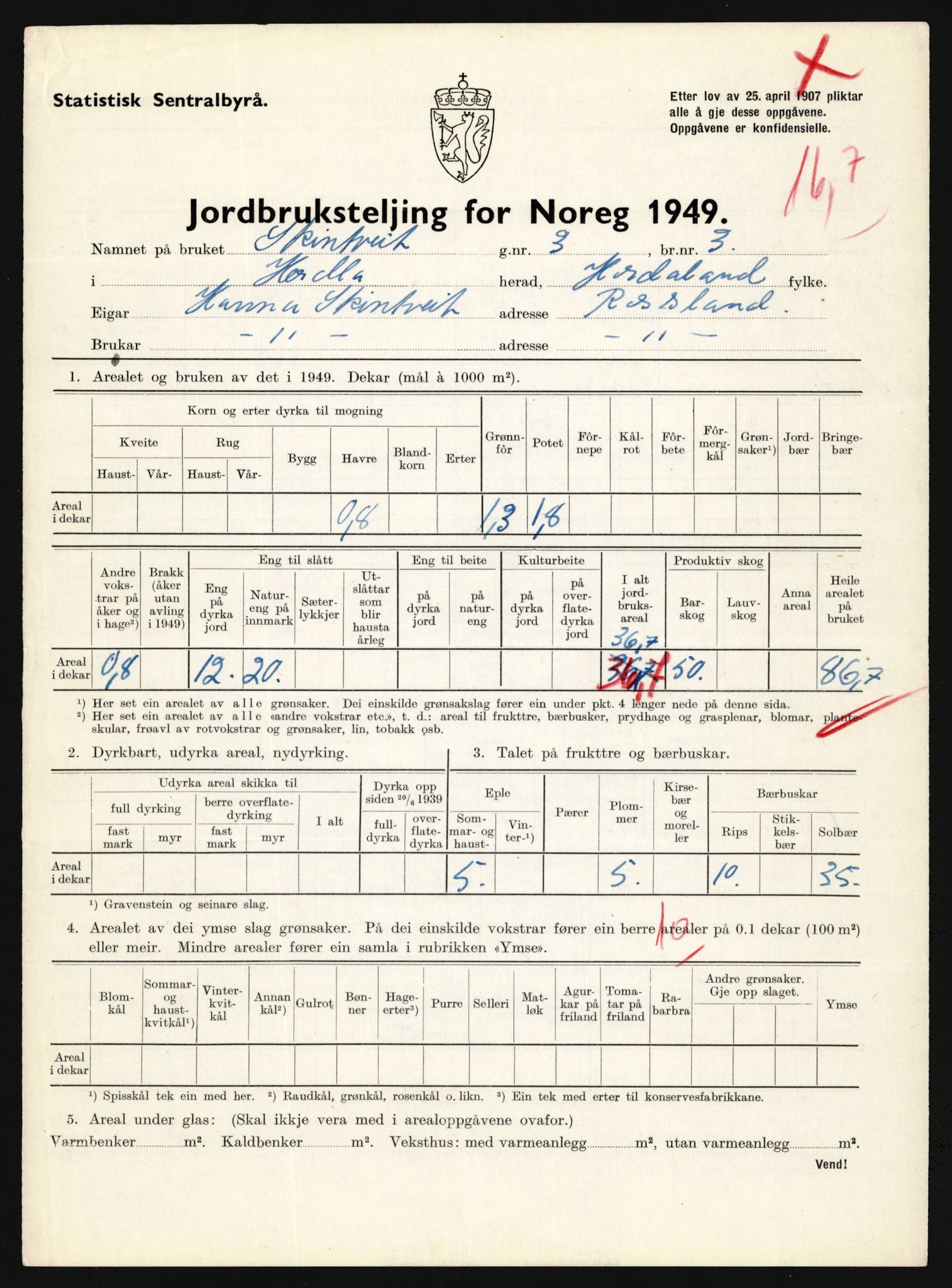 Statistisk sentralbyrå, Næringsøkonomiske emner, Jordbruk, skogbruk, jakt, fiske og fangst, AV/RA-S-2234/G/Gc/L0276: Hordaland: Herdla og Hjelme, 1949, p. 1020