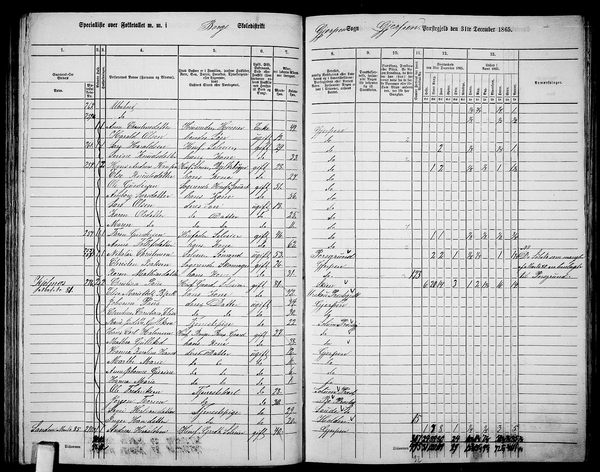 RA, 1865 census for Gjerpen, 1865, p. 155