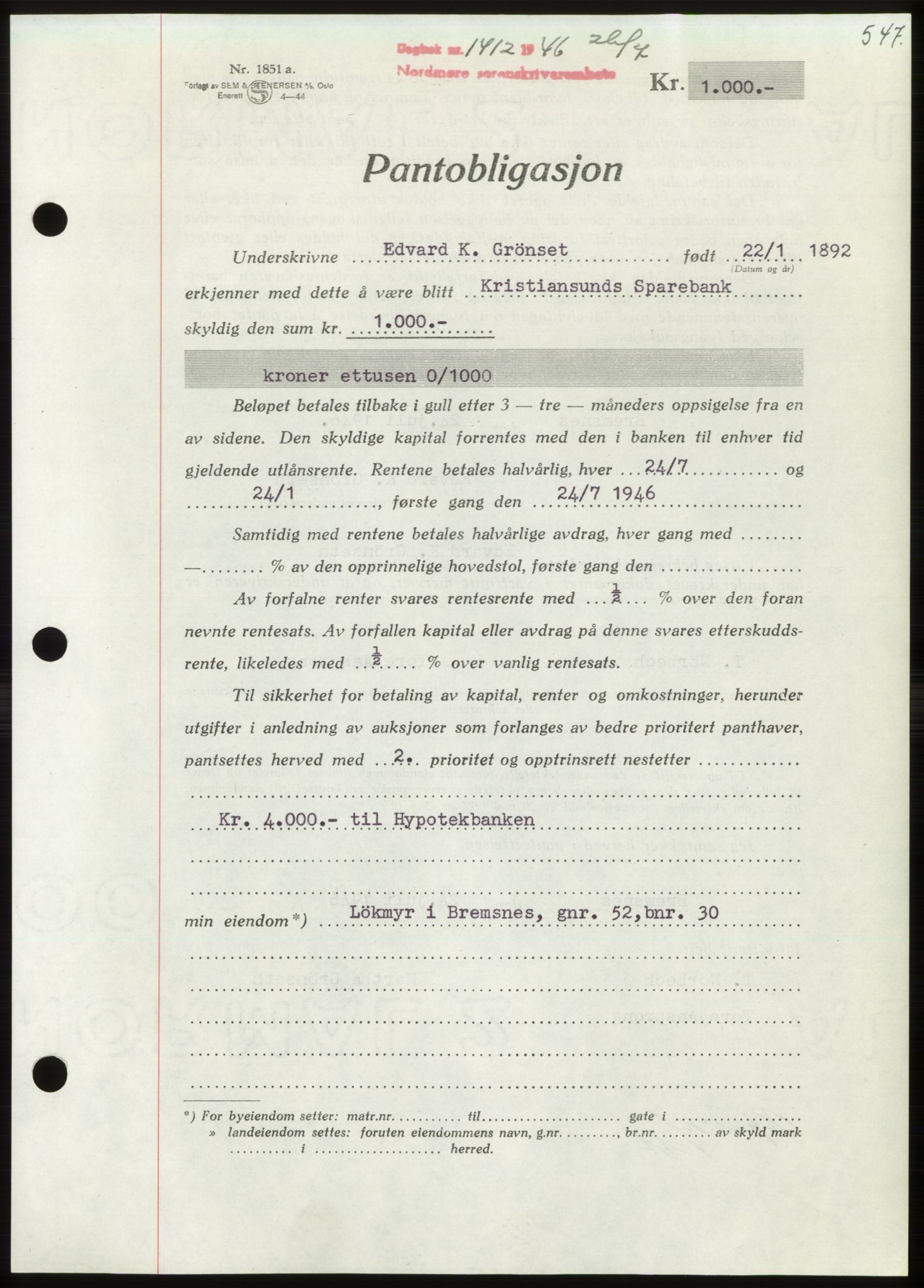 Nordmøre sorenskriveri, AV/SAT-A-4132/1/2/2Ca: Mortgage book no. B94, 1946-1946, Diary no: : 1412/1946