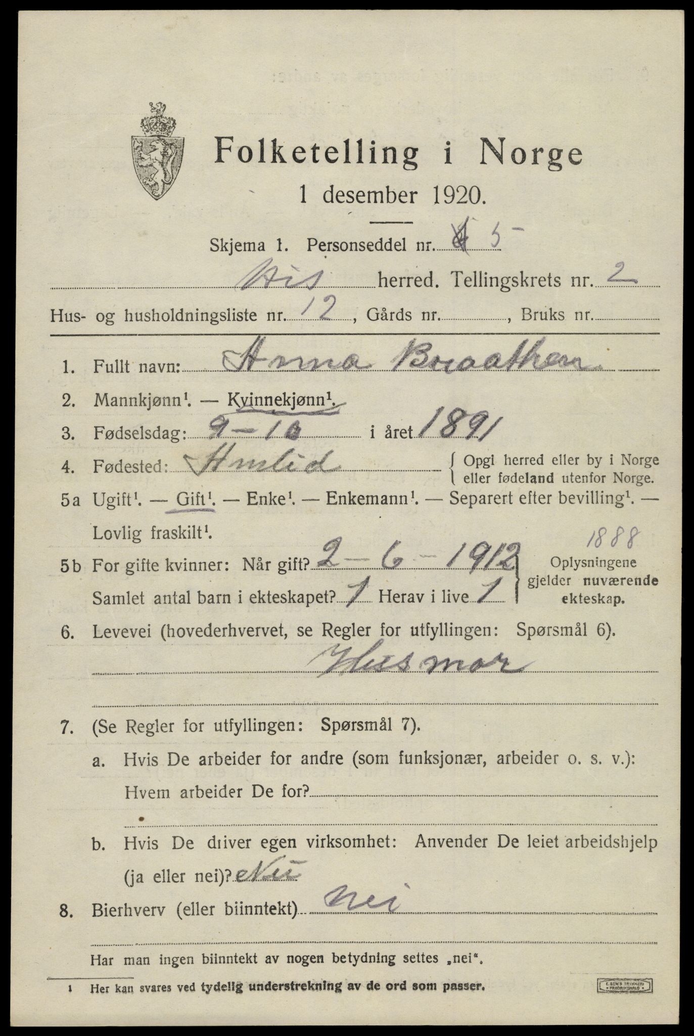 SAK, 1920 census for Hisøy, 1920, p. 2532