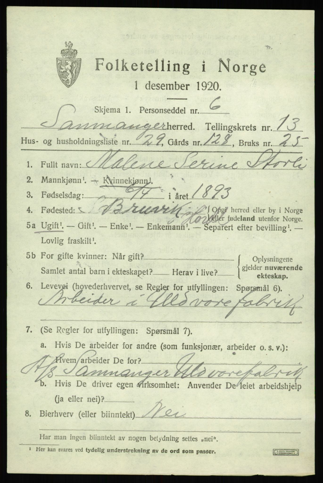 SAB, 1920 census for Samnanger, 1920, p. 5513