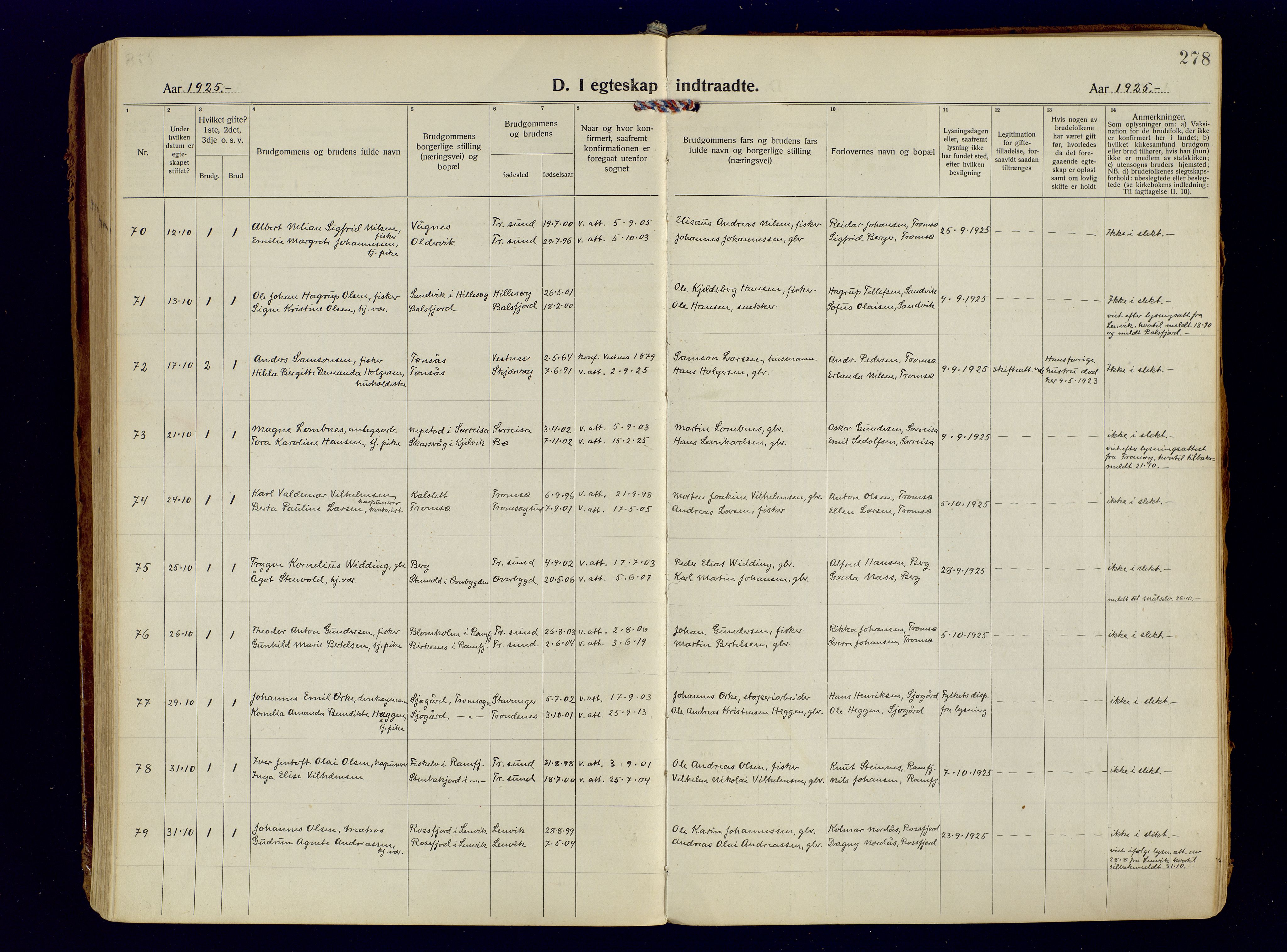 Tromsøysund sokneprestkontor, AV/SATØ-S-1304/G/Ga/L0009kirke: Parish register (official) no. 9, 1922-1934, p. 278