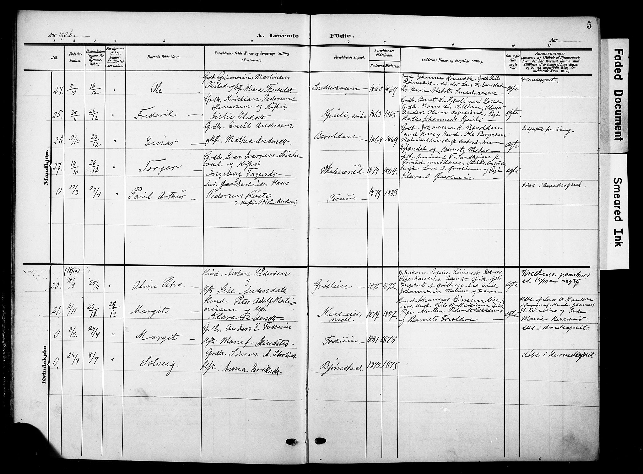 Nes prestekontor, Hedmark, AV/SAH-PREST-020/K/Ka/L0013: Parish register (official) no. 13, 1906-1924, p. 5