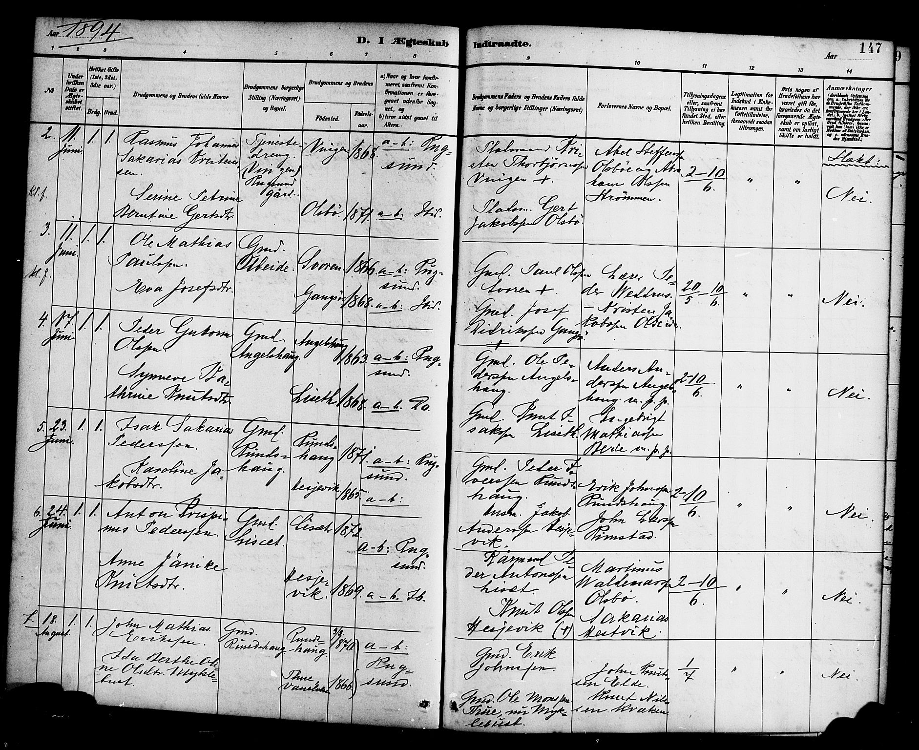 Davik sokneprestembete, AV/SAB-A-79701/H/Haa/Haad/L0001: Parish register (official) no. D 1, 1882-1900, p. 147