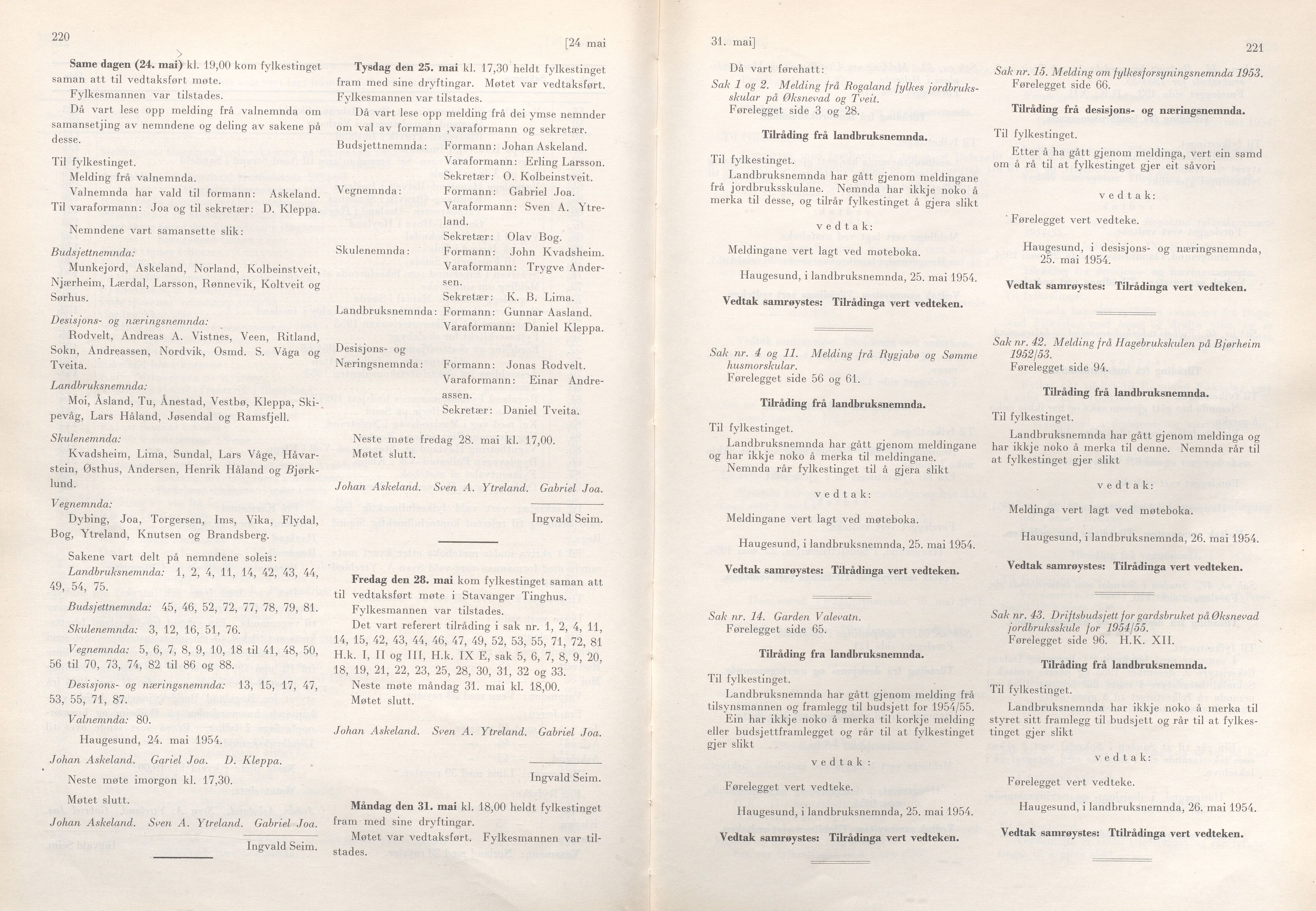 Rogaland fylkeskommune - Fylkesrådmannen , IKAR/A-900/A/Aa/Aaa/L0073: Møtebok , 1954, p. 220-221