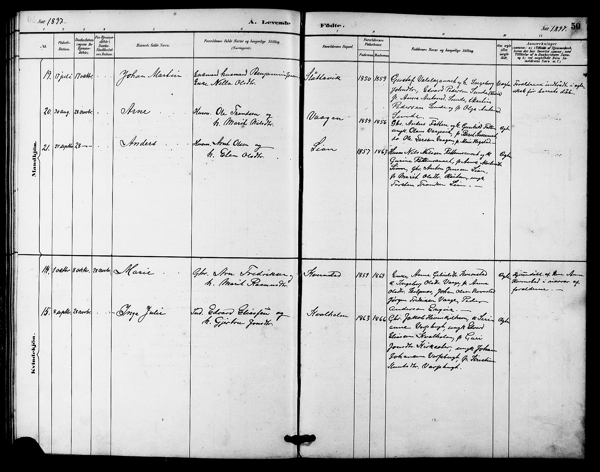 Ministerialprotokoller, klokkerbøker og fødselsregistre - Sør-Trøndelag, SAT/A-1456/633/L0519: Parish register (copy) no. 633C01, 1884-1905, p. 50