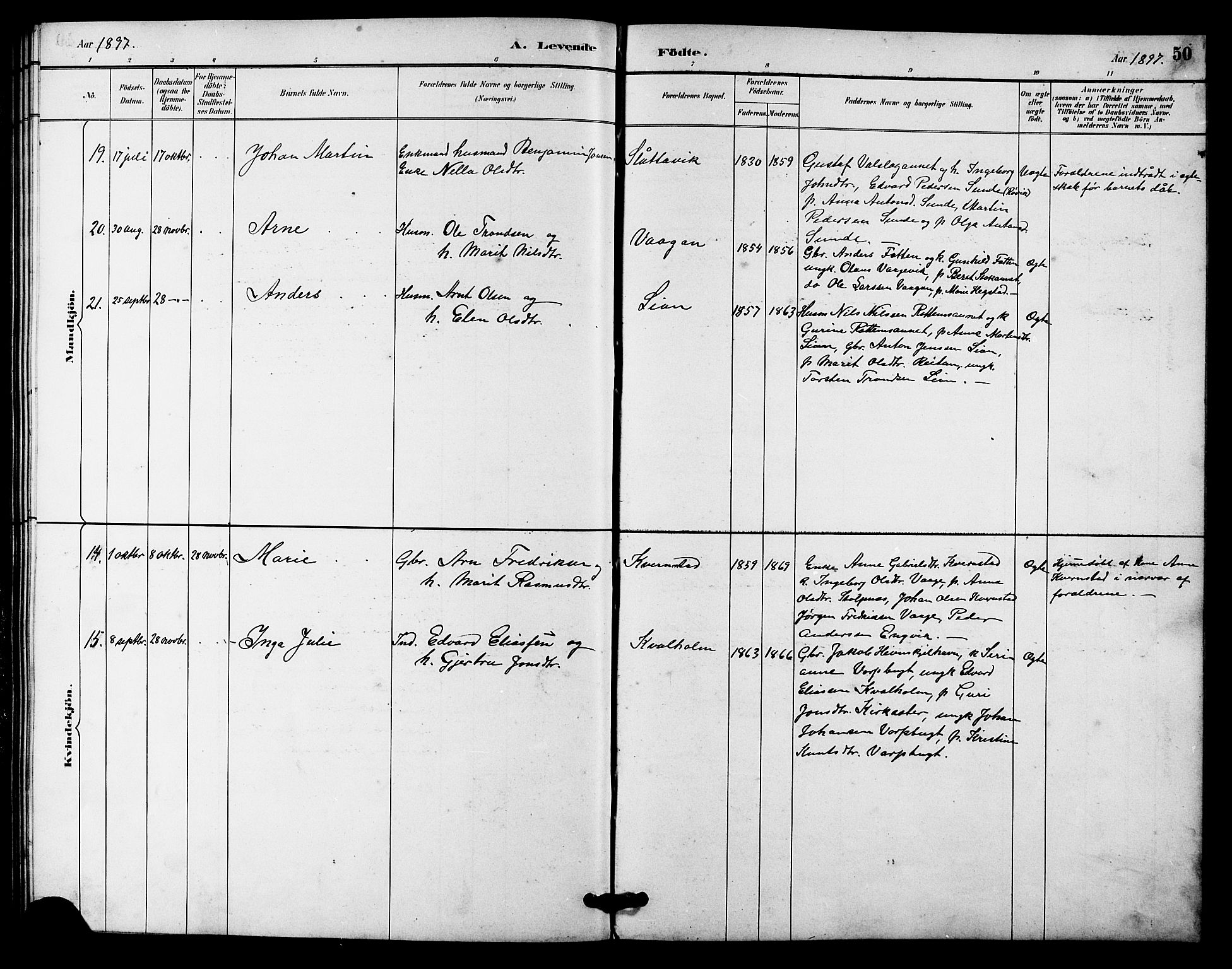 Ministerialprotokoller, klokkerbøker og fødselsregistre - Sør-Trøndelag, AV/SAT-A-1456/633/L0519: Parish register (copy) no. 633C01, 1884-1905, p. 50