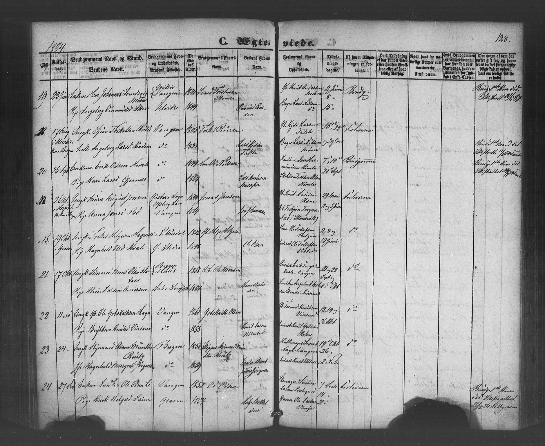 Voss sokneprestembete, SAB/A-79001/H/Haa: Parish register (official) no. A 19, 1851-1886, p. 128