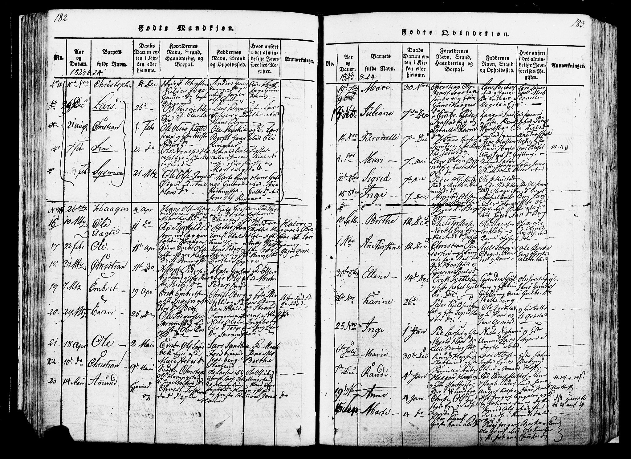 Løten prestekontor, SAH/PREST-022/K/Ka/L0005: Parish register (official) no. 5, 1814-1832, p. 182-183