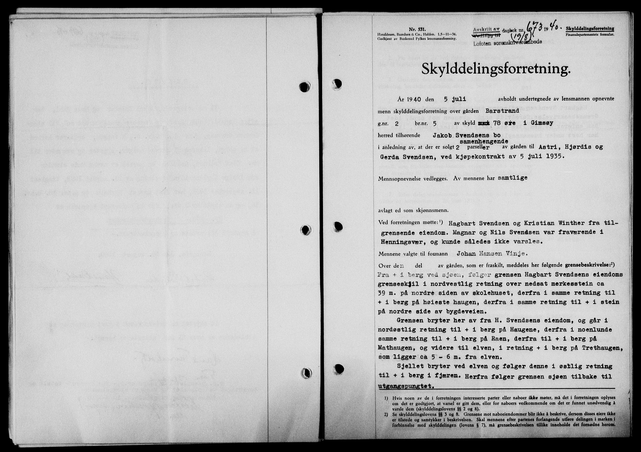 Lofoten sorenskriveri, SAT/A-0017/1/2/2C/L0007a: Mortgage book no. 7a, 1939-1940, Diary no: : 673/1940