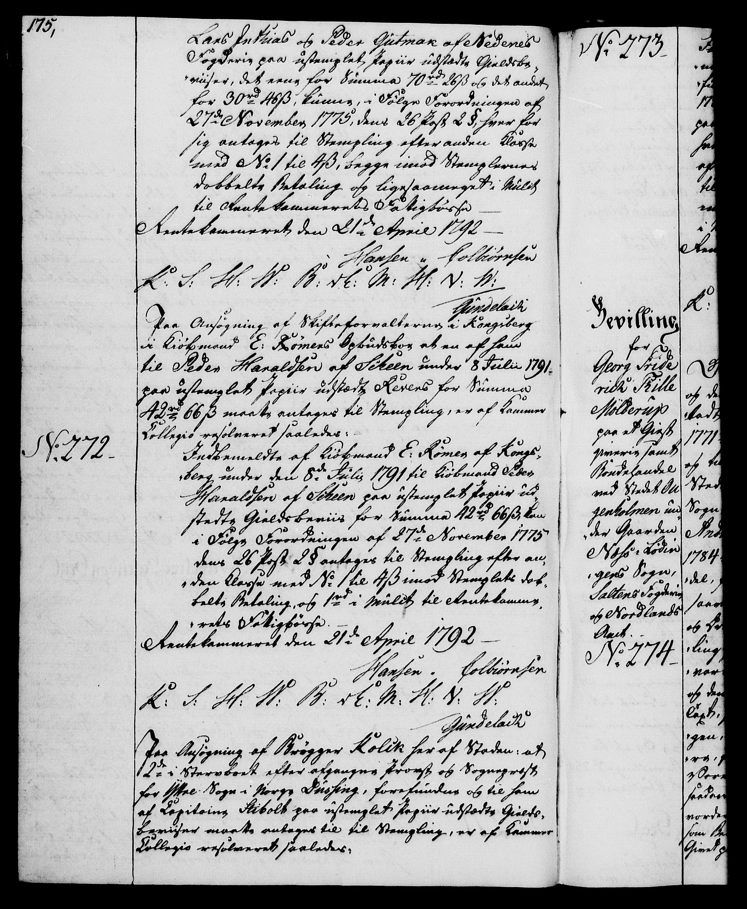 Rentekammeret, Kammerkanselliet, AV/RA-EA-3111/G/Gg/Gga/L0015: Norsk ekspedisjonsprotokoll med register (merket RK 53.15), 1790-1791, p. 175