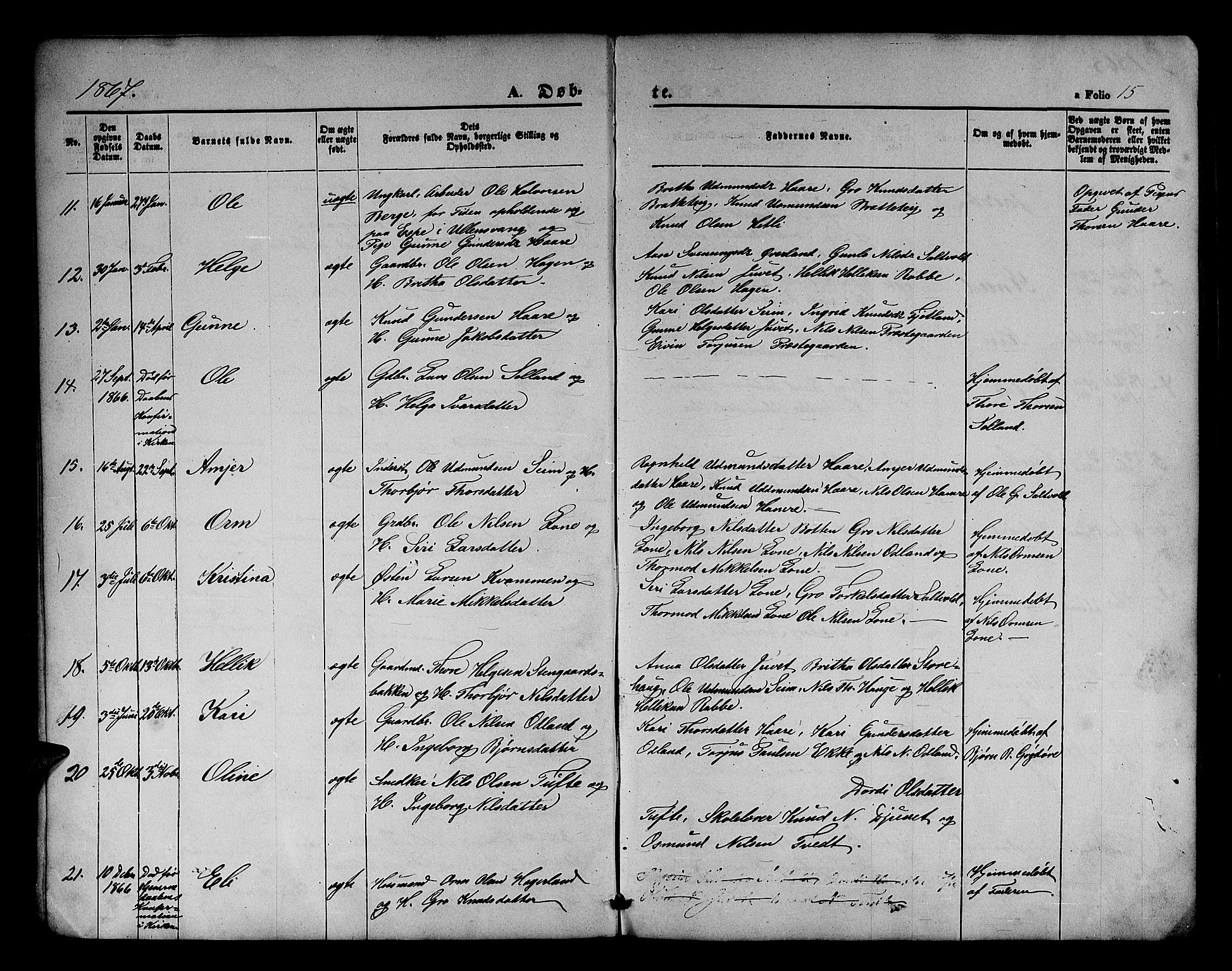 Røldal sokneprestembete, SAB/A-100247: Parish register (copy) no. A 2, 1861-1886, p. 15