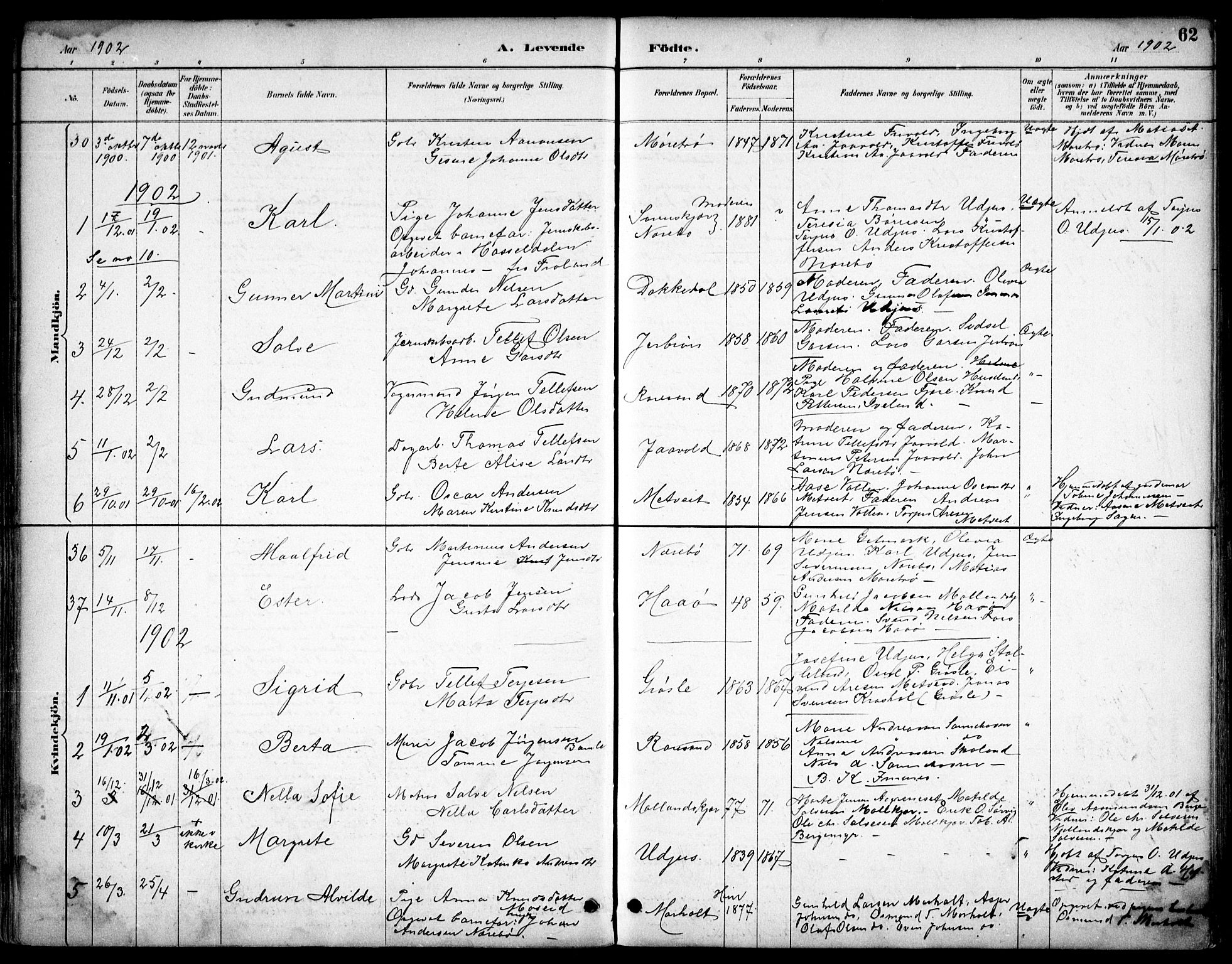 Hommedal sokneprestkontor, SAK/1111-0023/F/Fb/Fbb/L0007: Parish register (copy) no. B 7, 1885-1904, p. 62
