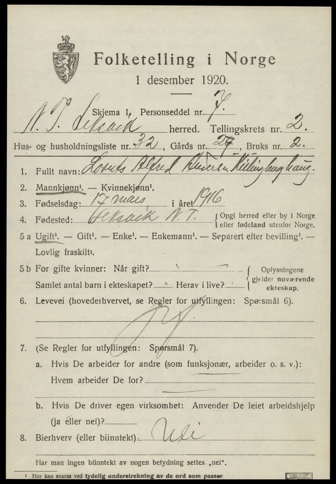 SAT, 1920 census for Leksvik, 1920, p. 2144