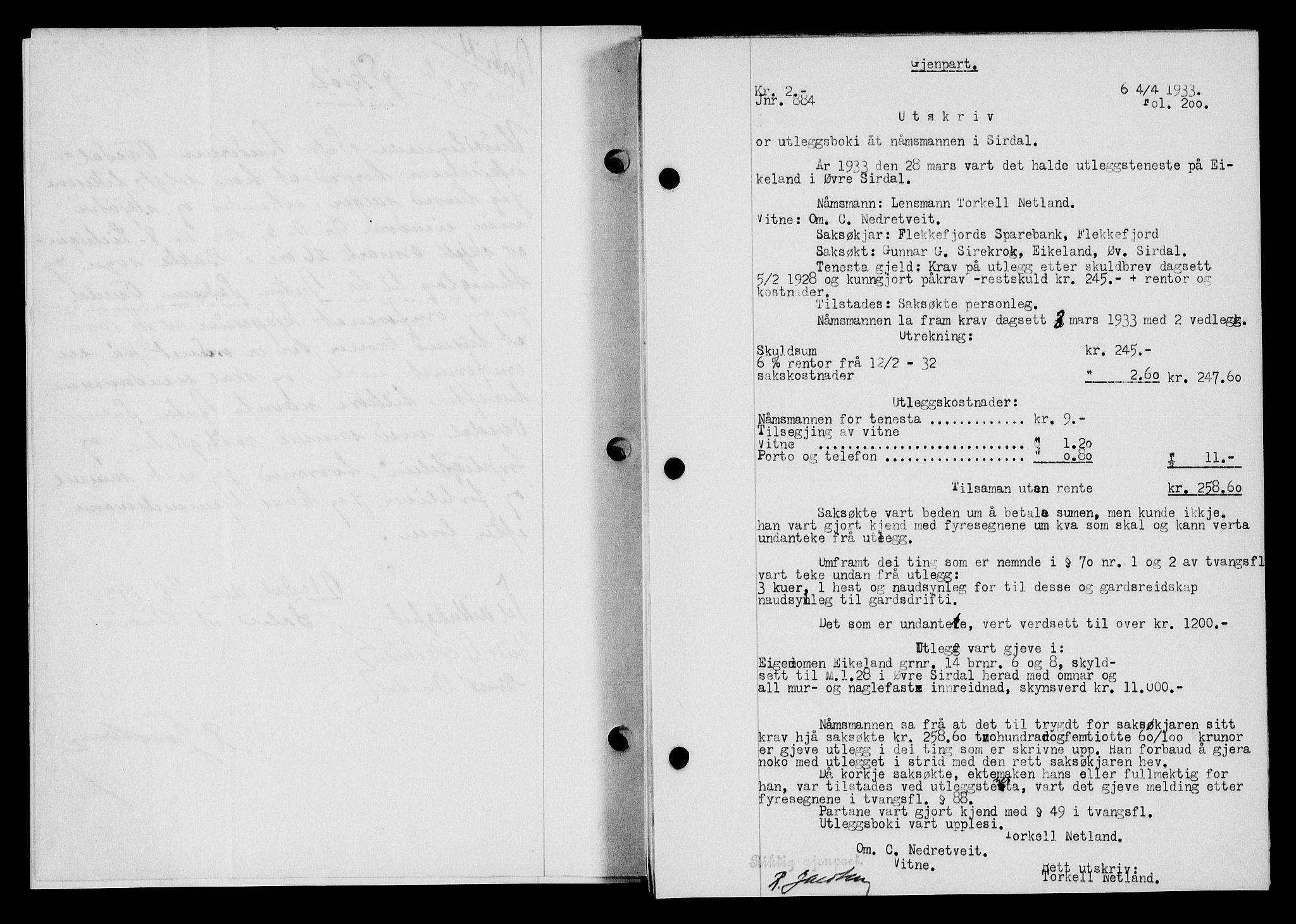 Flekkefjord sorenskriveri, SAK/1221-0001/G/Gb/Gba/L0049: Mortgage book no. 46, 1933-1934, Deed date: 04.04.1933