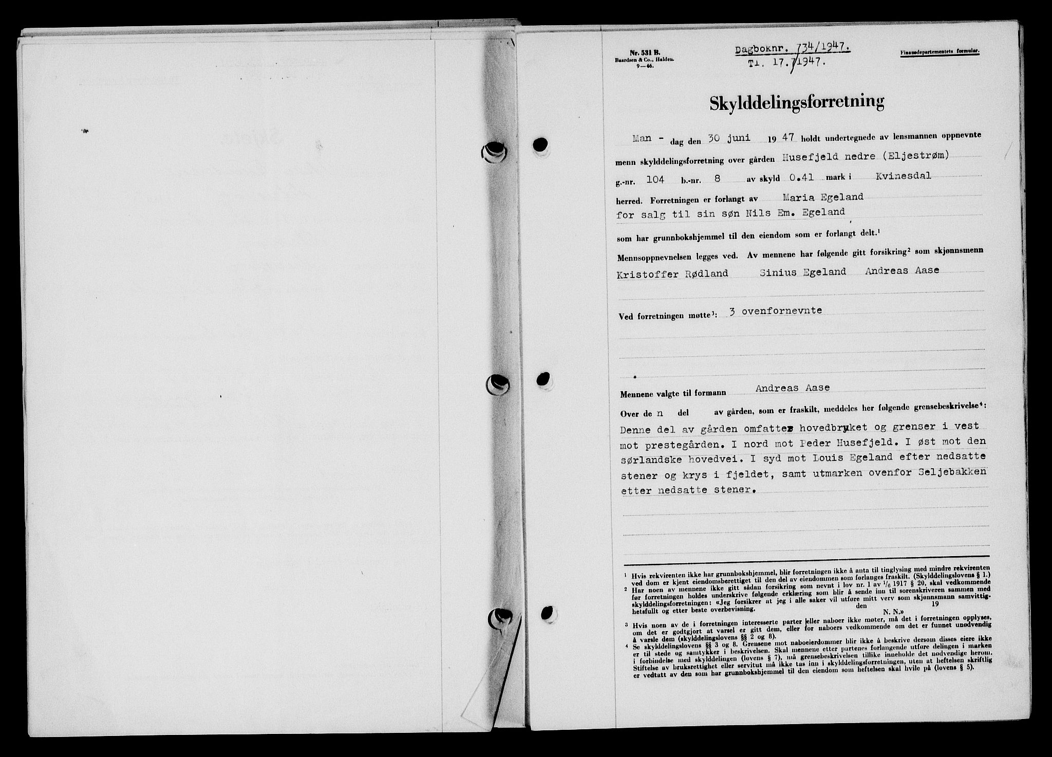 Flekkefjord sorenskriveri, SAK/1221-0001/G/Gb/Gba/L0062: Mortgage book no. A-10, 1947-1947, Diary no: : 734/1947