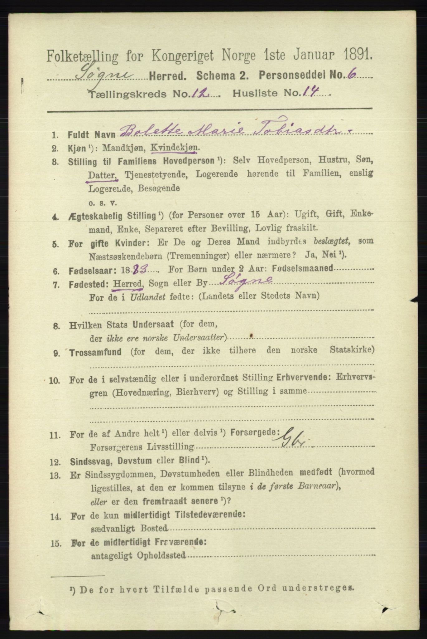 RA, 1891 census for 1018 Søgne, 1891, p. 3188