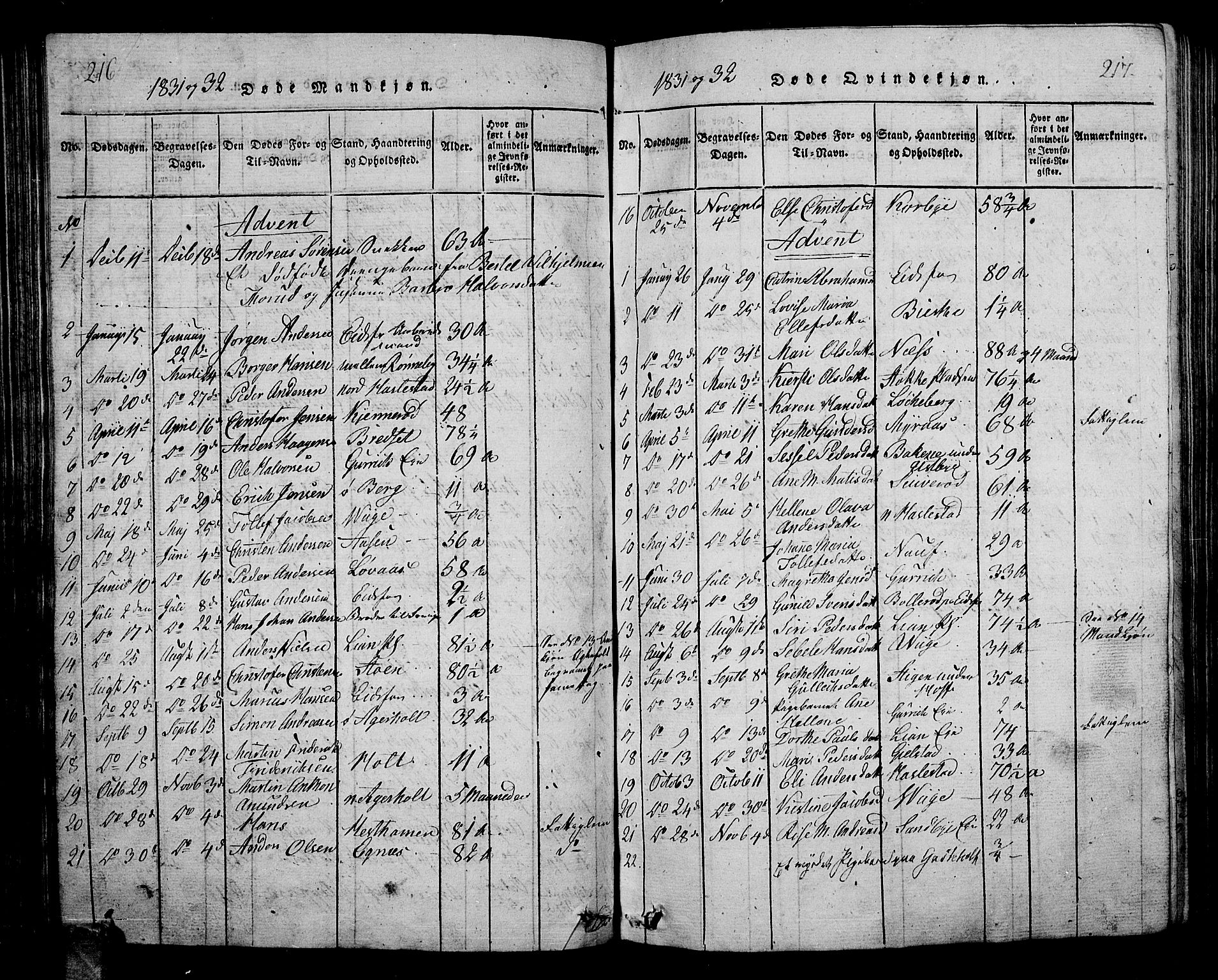 Hof kirkebøker, AV/SAKO-A-64/G/Ga/L0001: Parish register (copy) no. I 1, 1814-1844, p. 216-217