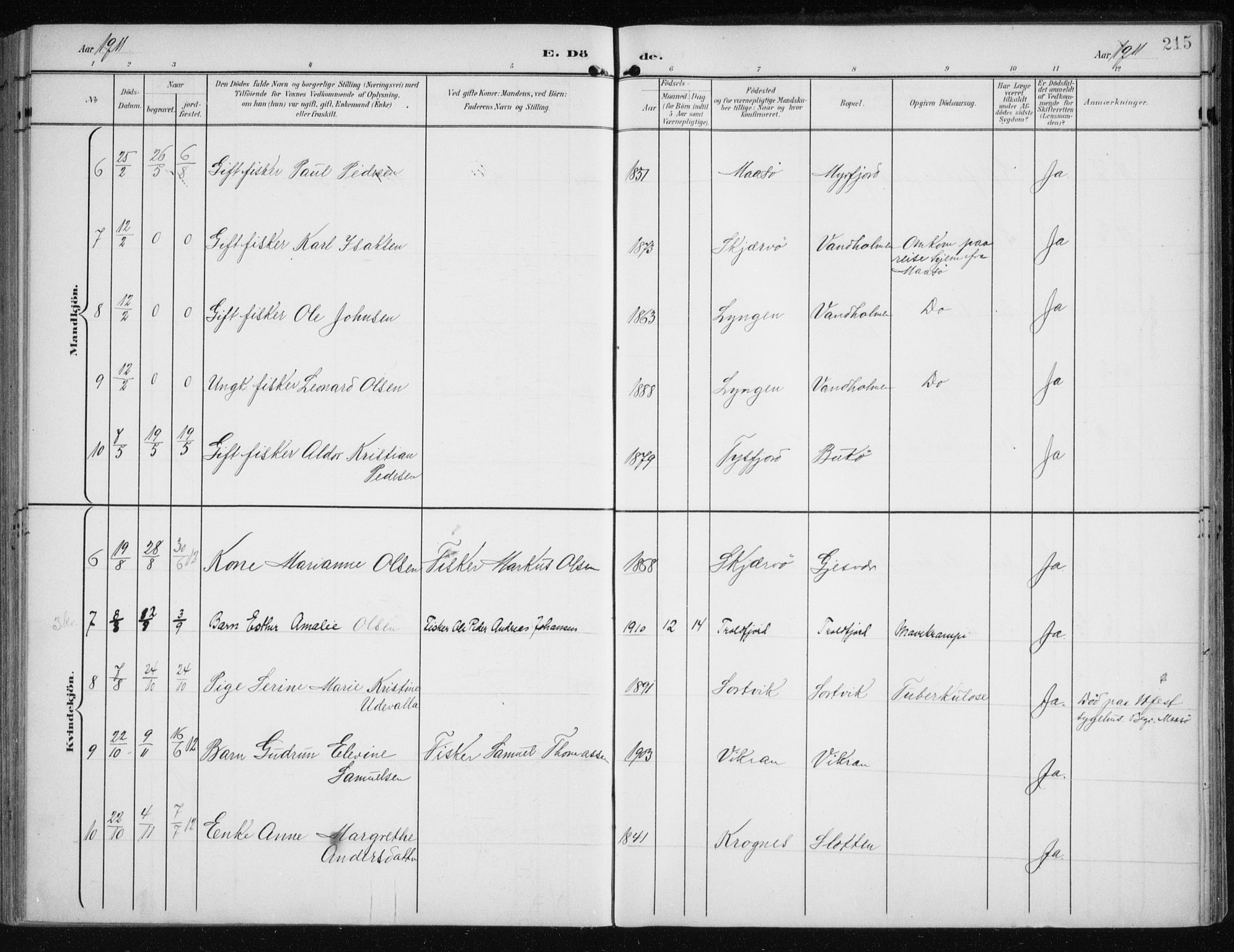 Måsøy sokneprestkontor, SATØ/S-1348/H/Ha/L0009kirke: Parish register (official) no. 9, 1903-1914, p. 215
