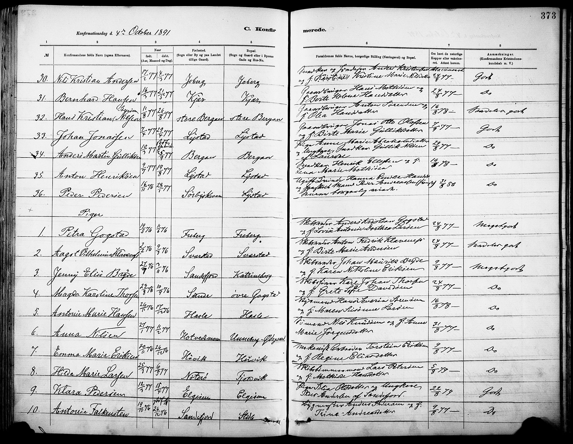 Sandar kirkebøker, AV/SAKO-A-243/F/Fa/L0012: Parish register (official) no. 12, 1883-1895, p. 373