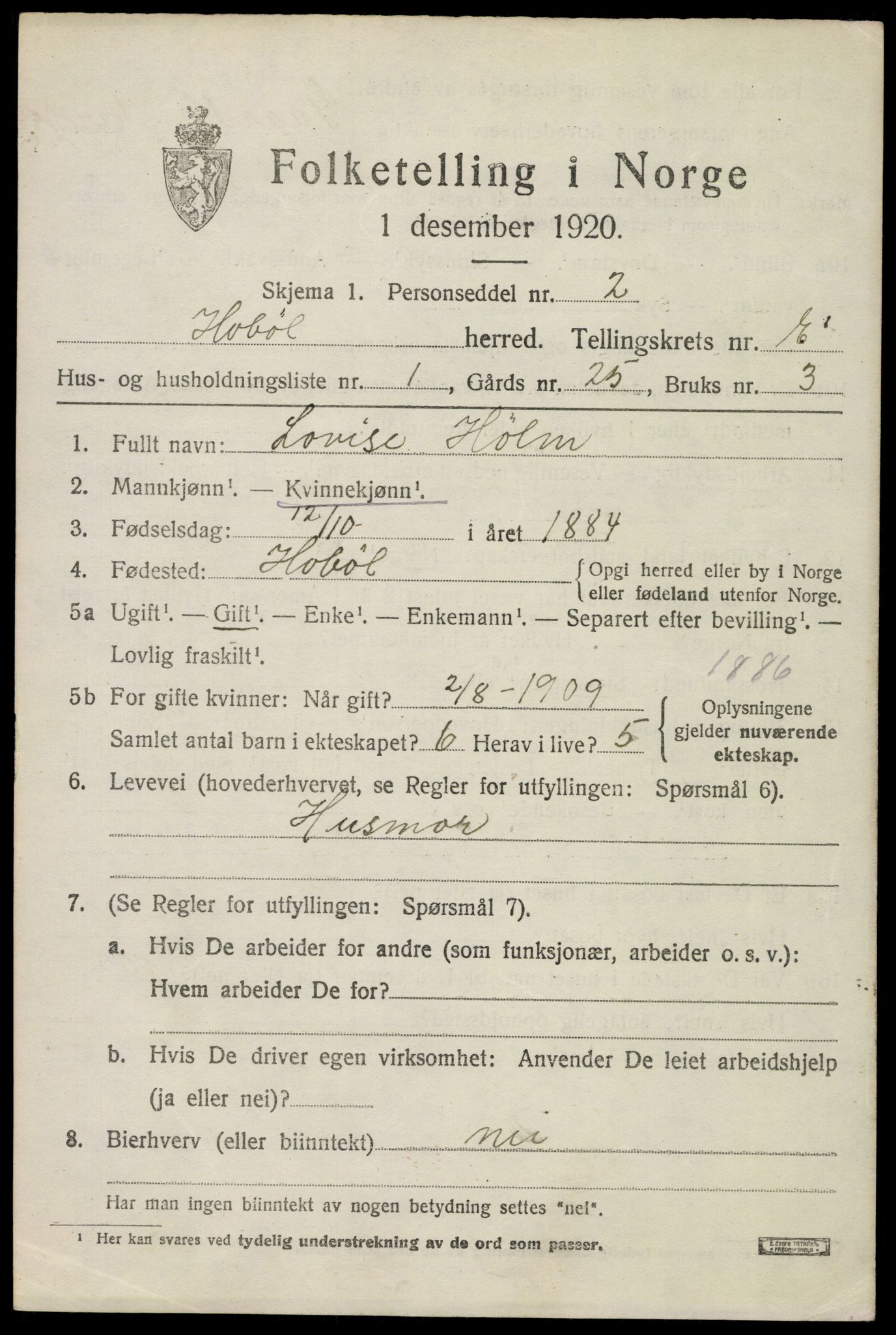 SAO, 1920 census for Hobøl, 1920, p. 5200