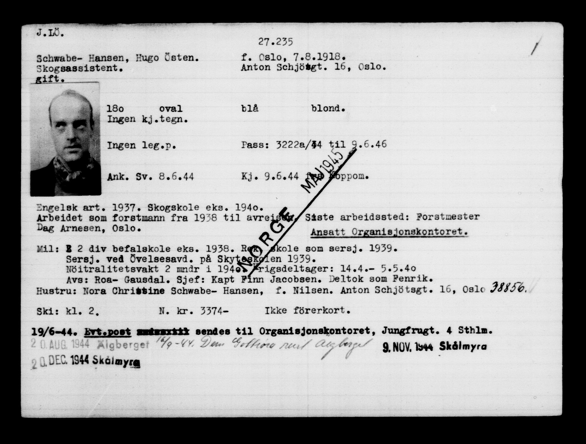 Utenriksstasjonene, Legasjonen i Stockholm, Flyktningkontoret, AV/RA-S-6753/V/Va/L0011: Kjesäterkartoteket, flyktninger med registreringsnr. 25300-28349, 1940-1945, p. 2043
