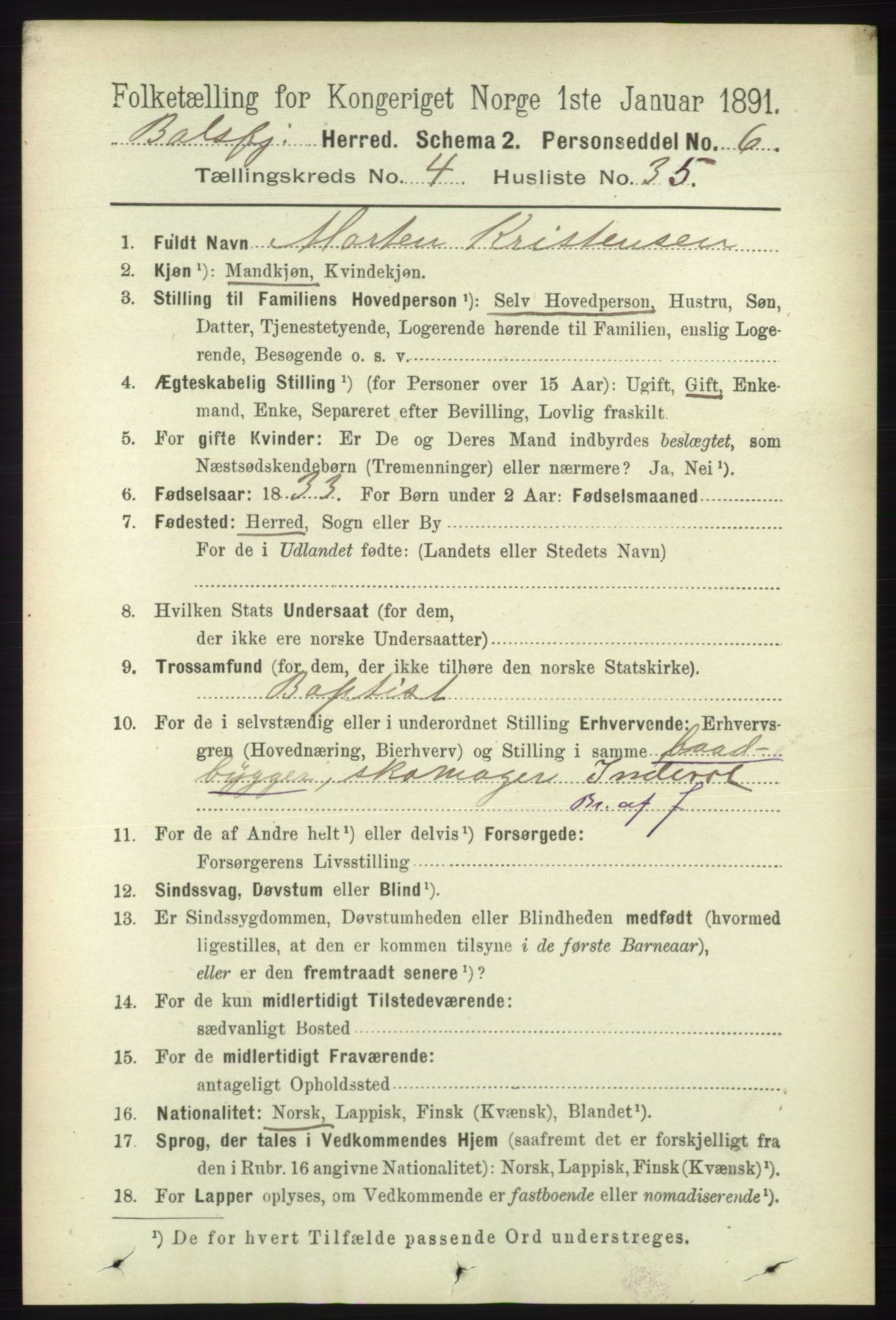 RA, 1891 census for 1933 Balsfjord, 1891, p. 1373