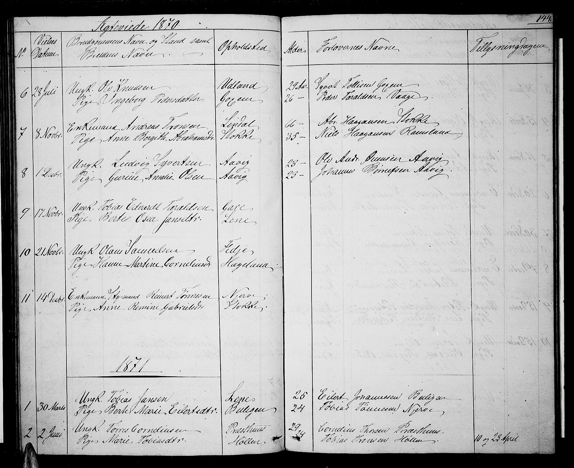 Sør-Audnedal sokneprestkontor, SAK/1111-0039/F/Fb/Fba/L0002: Parish register (copy) no. B 2, 1853-1878, p. 144