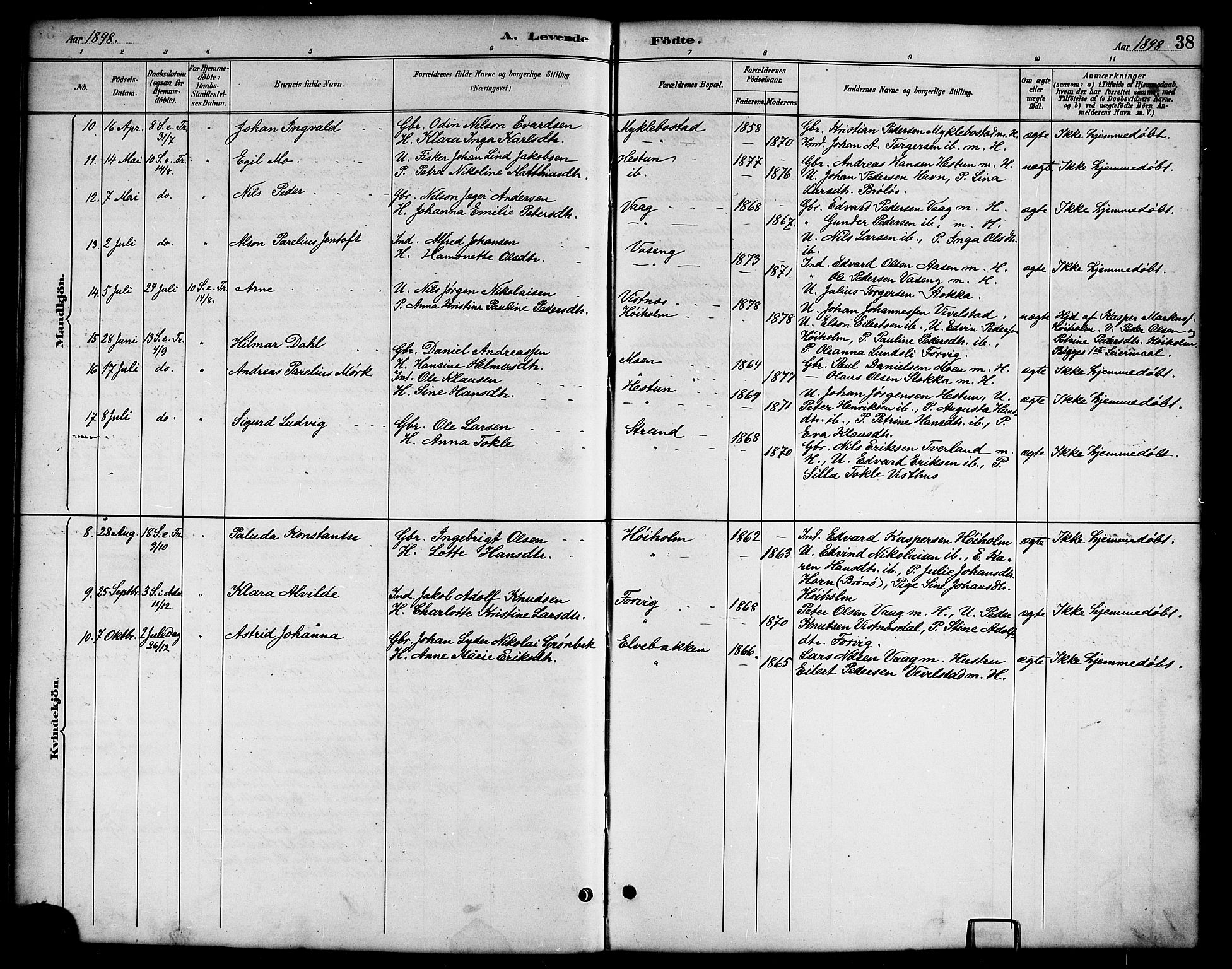 Ministerialprotokoller, klokkerbøker og fødselsregistre - Nordland, AV/SAT-A-1459/819/L0277: Parish register (copy) no. 819C03, 1888-1917, p. 38