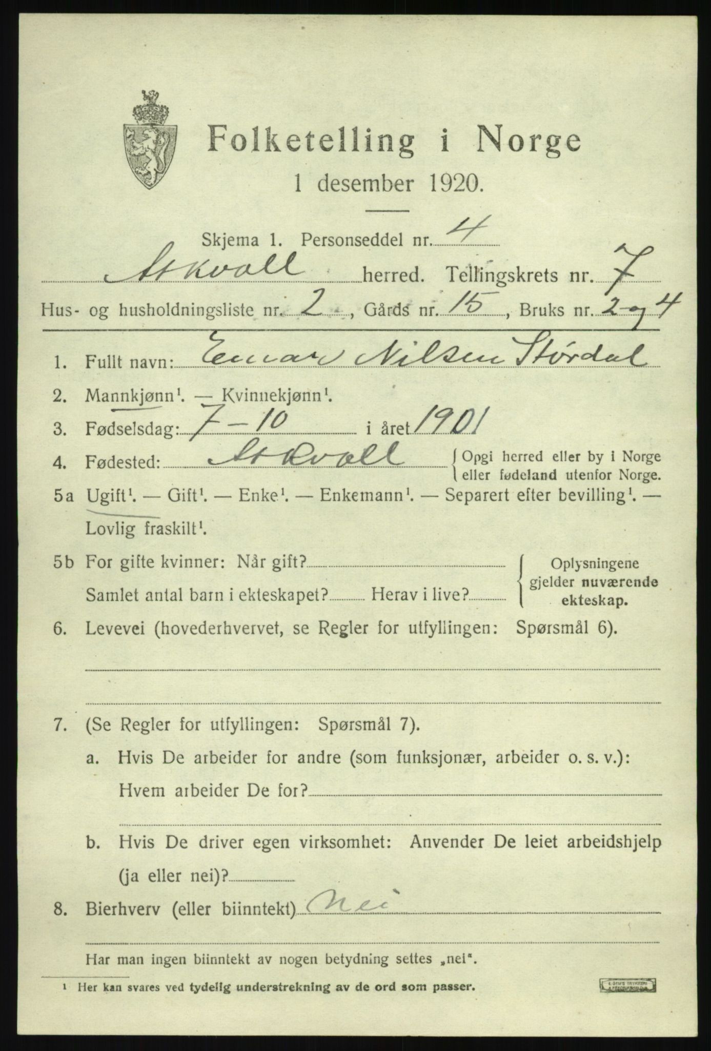 SAB, 1920 census for Askvoll, 1920, p. 3278