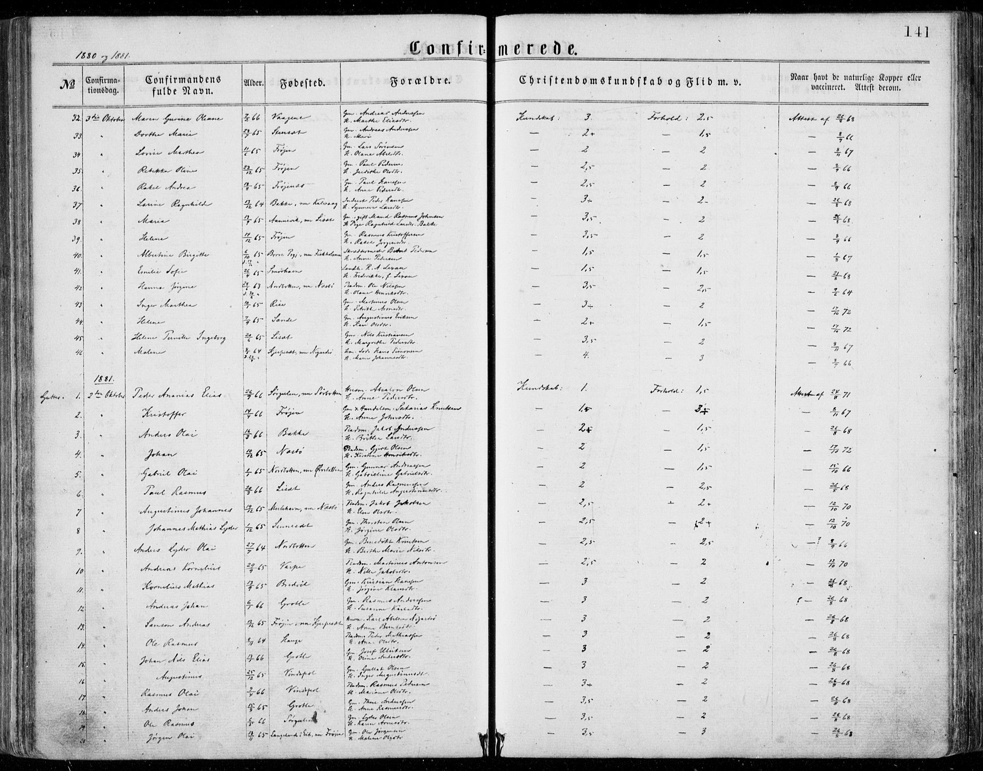Bremanger sokneprestembete, SAB/A-82201/H/Haa/Haaa/L0001: Parish register (official) no. A  1, 1864-1883, p. 141