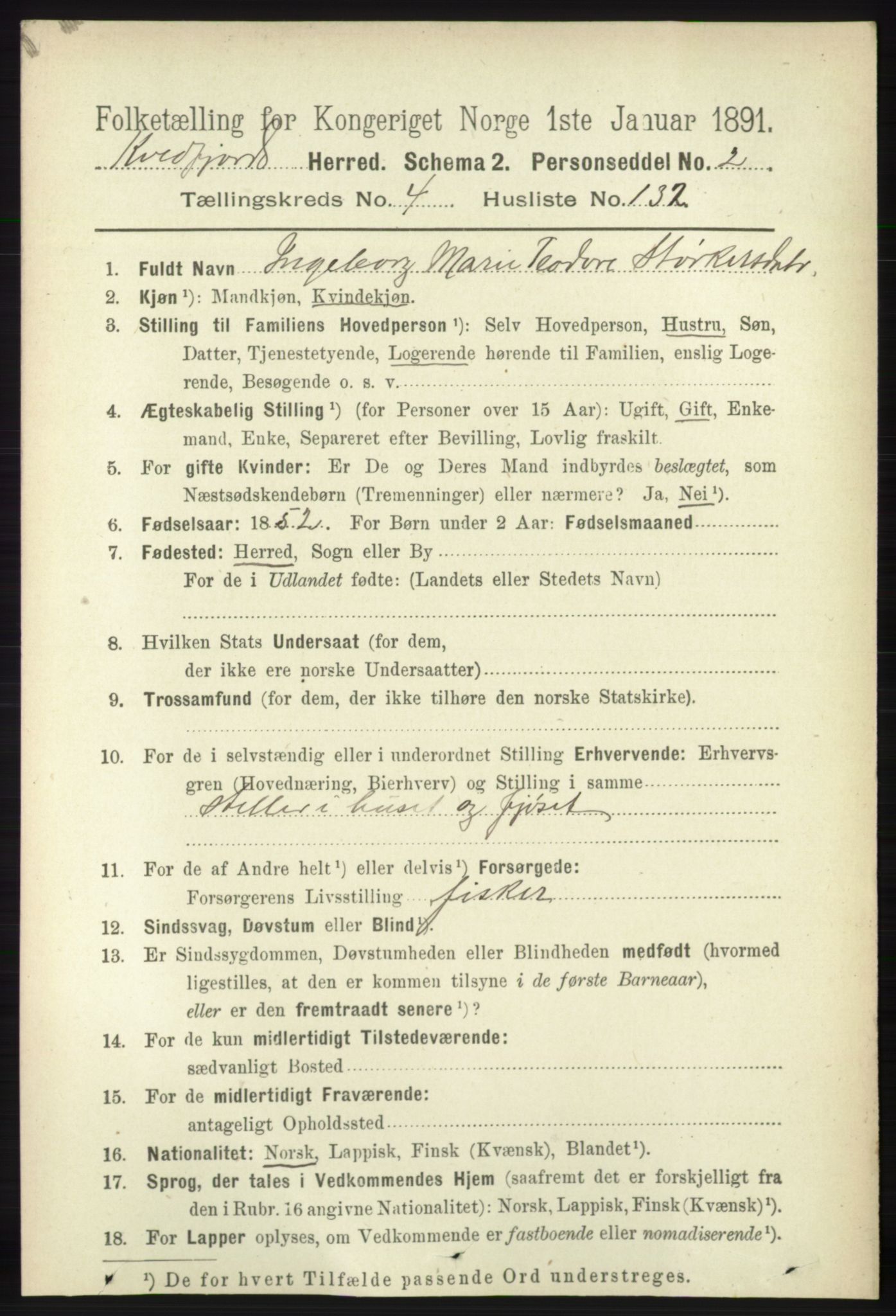 RA, 1891 census for 1911 Kvæfjord, 1891, p. 2728