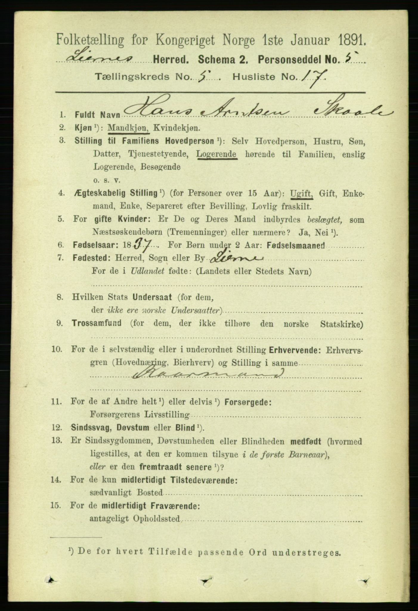 RA, 1891 census for 1737 Lierne, 1891, p. 1565