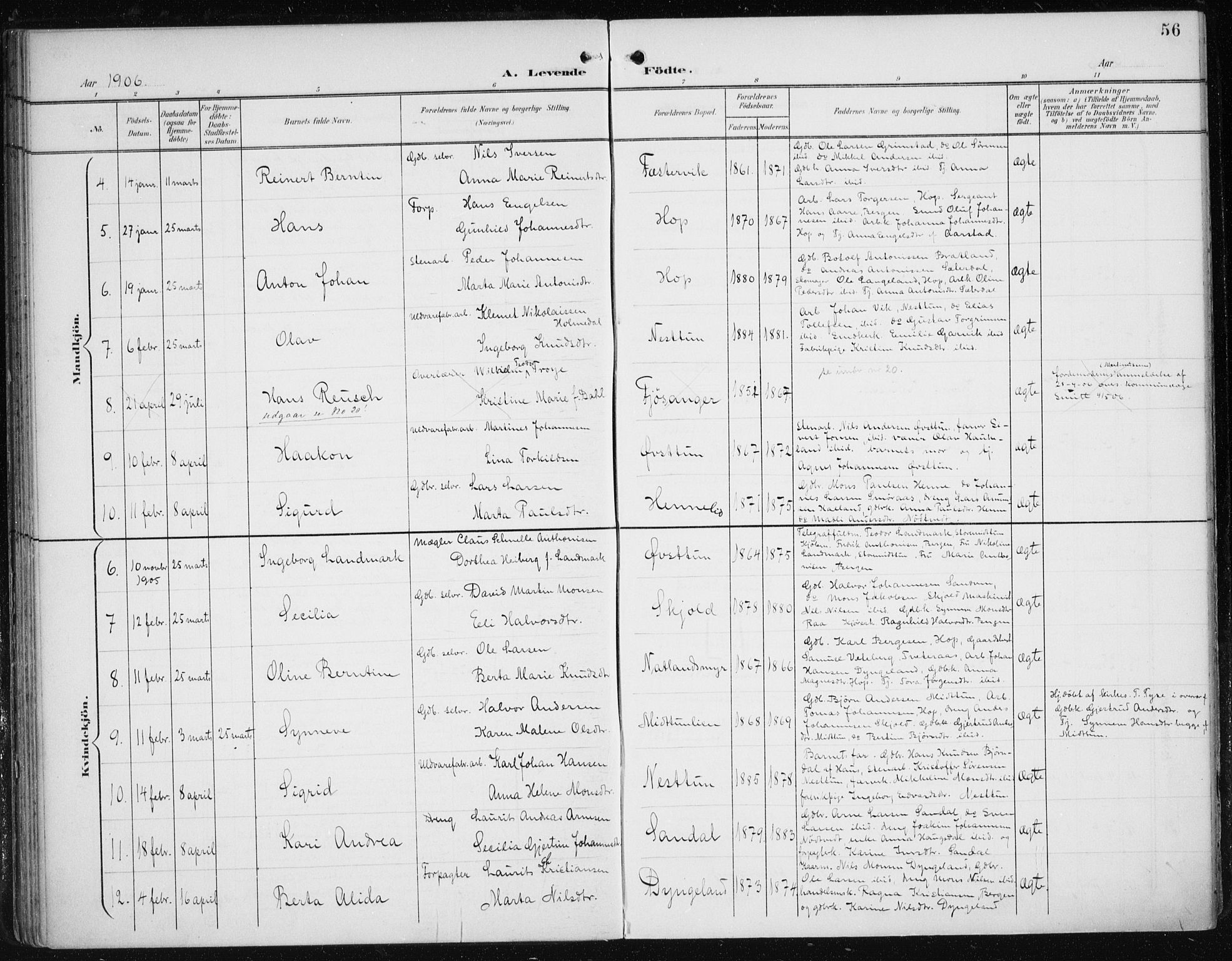 Fana Sokneprestembete, SAB/A-75101/H/Haa/Haai/L0003: Parish register (official) no. I 3, 1900-1912, p. 56
