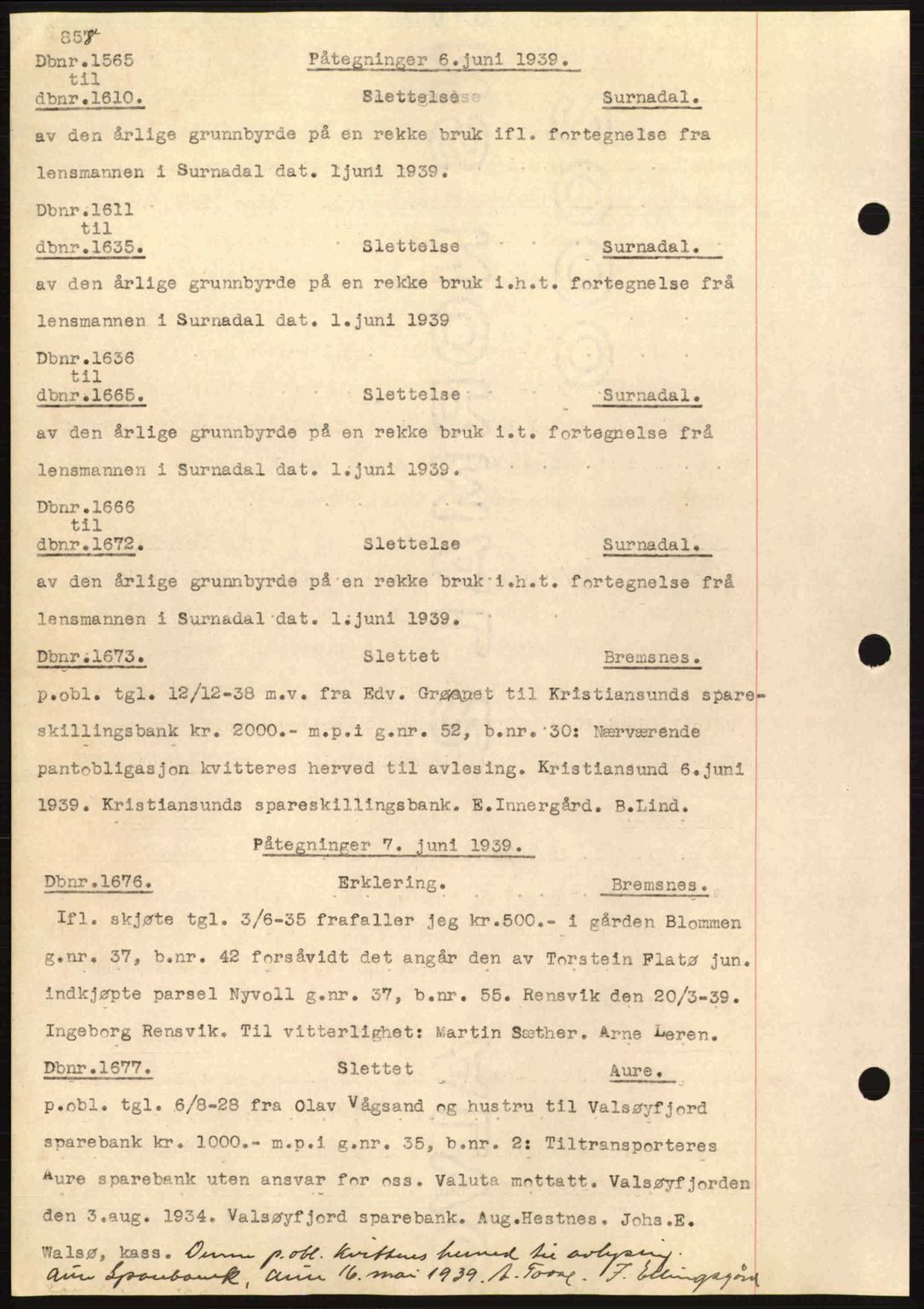 Nordmøre sorenskriveri, AV/SAT-A-4132/1/2/2Ca: Mortgage book no. C80, 1936-1939, Diary no: : 1565/1939