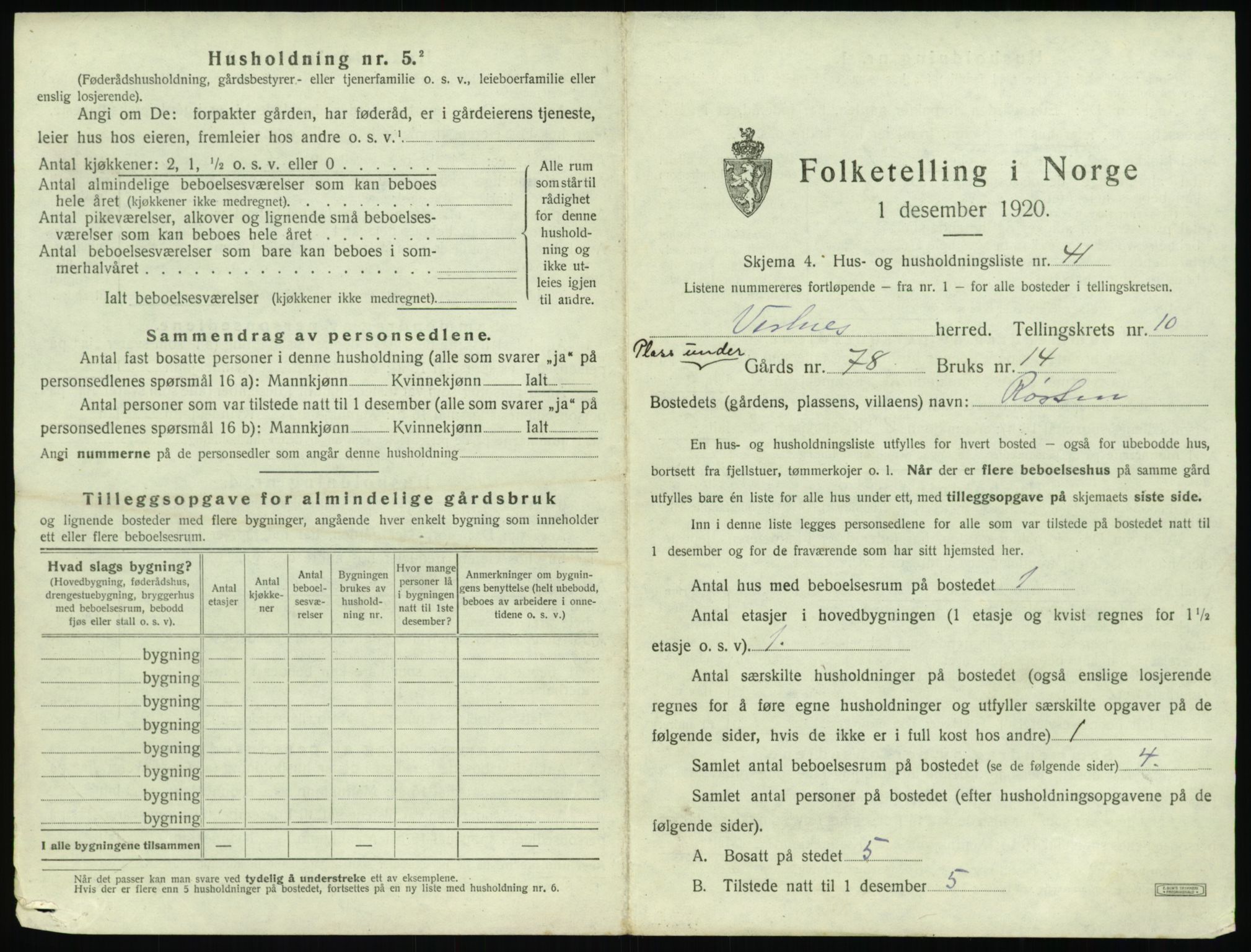 SAT, 1920 census for Vestnes, 1920, p. 1127