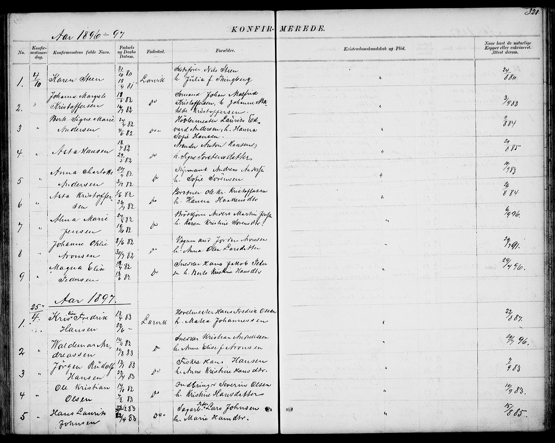 Larvik kirkebøker, AV/SAKO-A-352/G/Gb/L0003: Parish register (copy) no. II 3, 1867-1899, p. 321