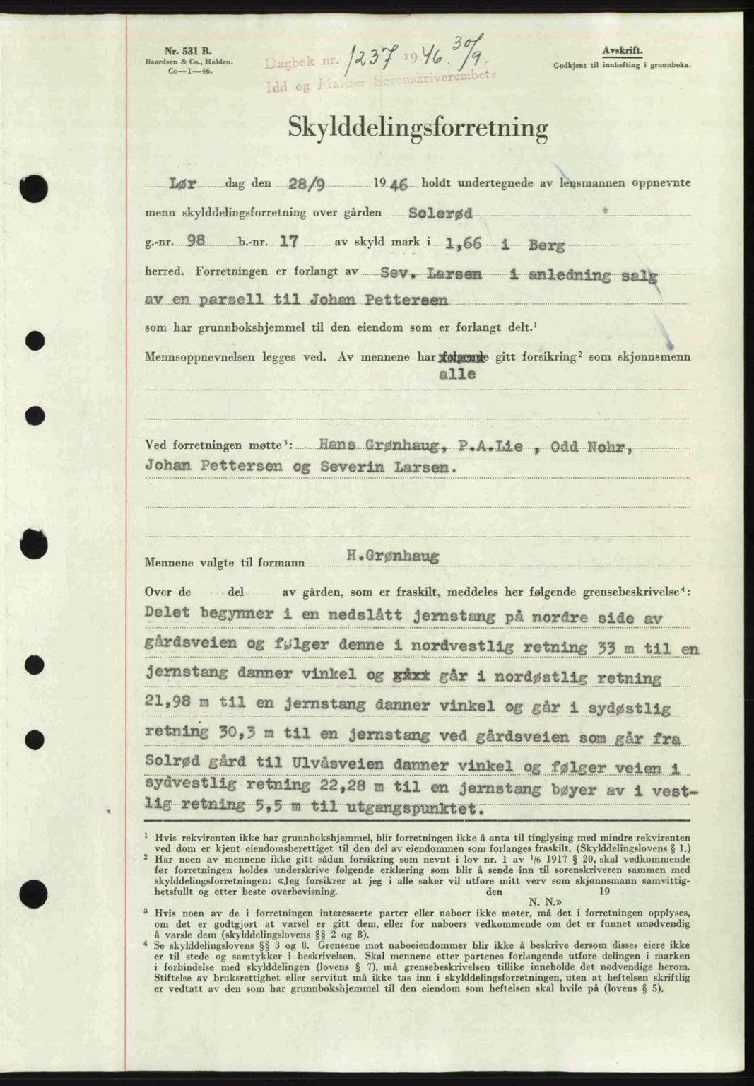 Idd og Marker sorenskriveri, AV/SAO-A-10283/G/Gb/Gbb/L0008: Mortgage book no. A8, 1946-1946, Diary no: : 1237/1946